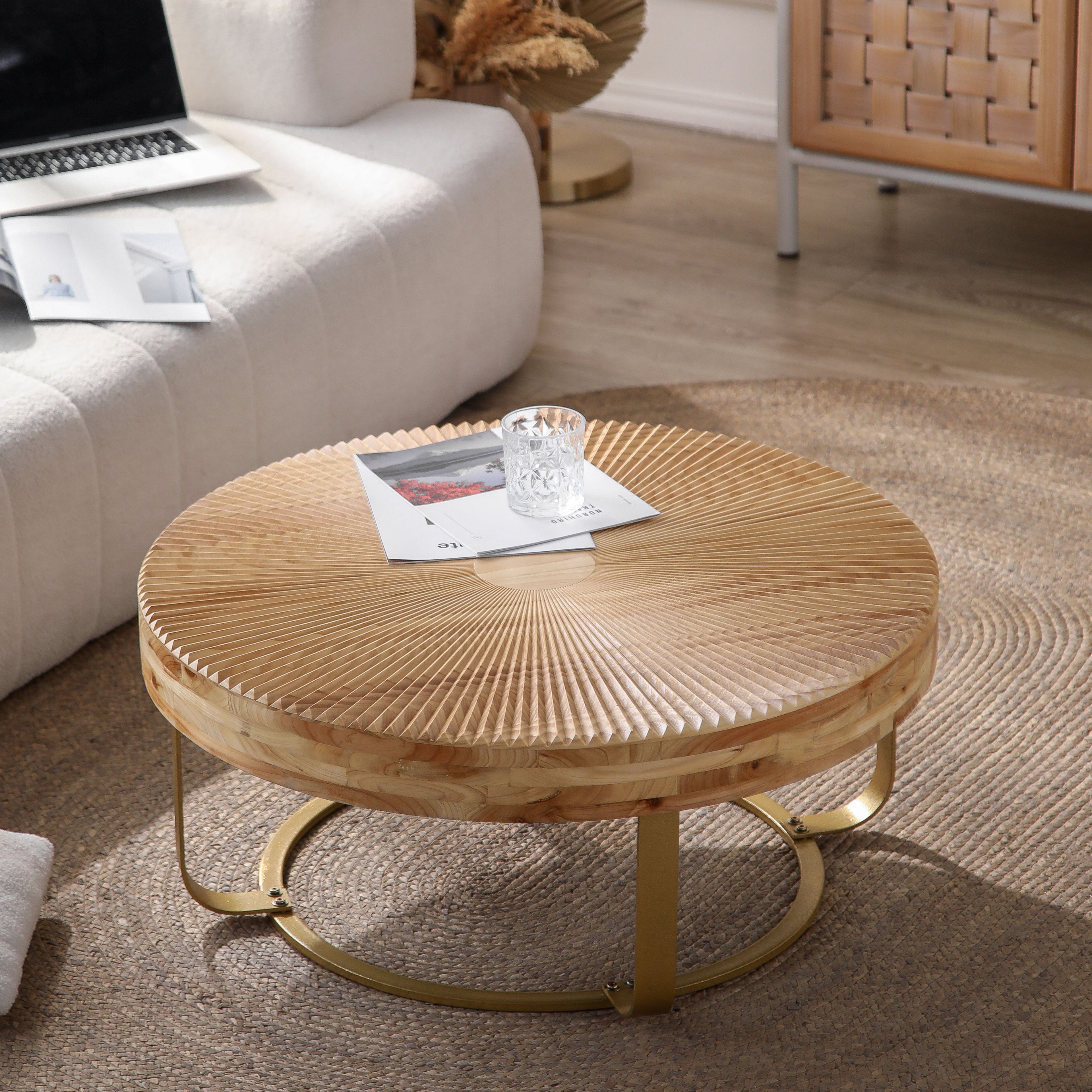 Modern Round Coffee Table with Wooden Carving Pattern