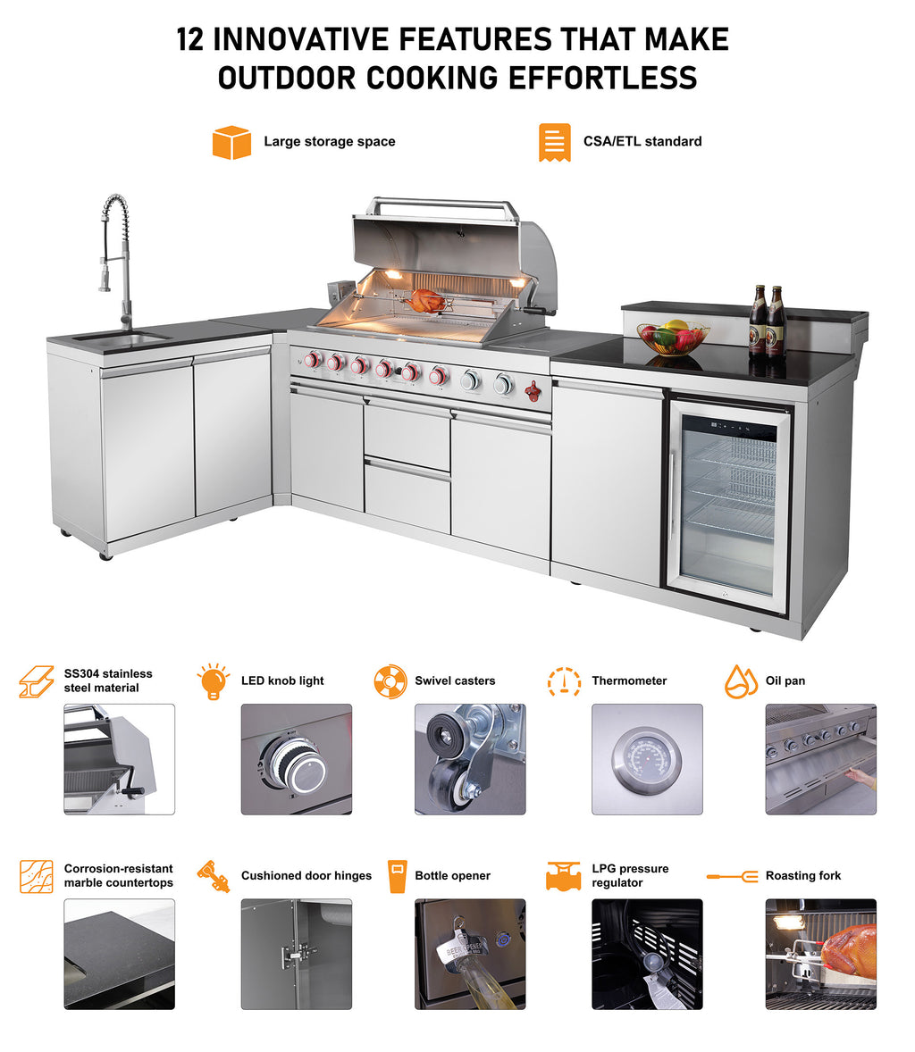 Outdoor Kitchen Island with 6+1 Burner Propane Gas BBQ Grill
