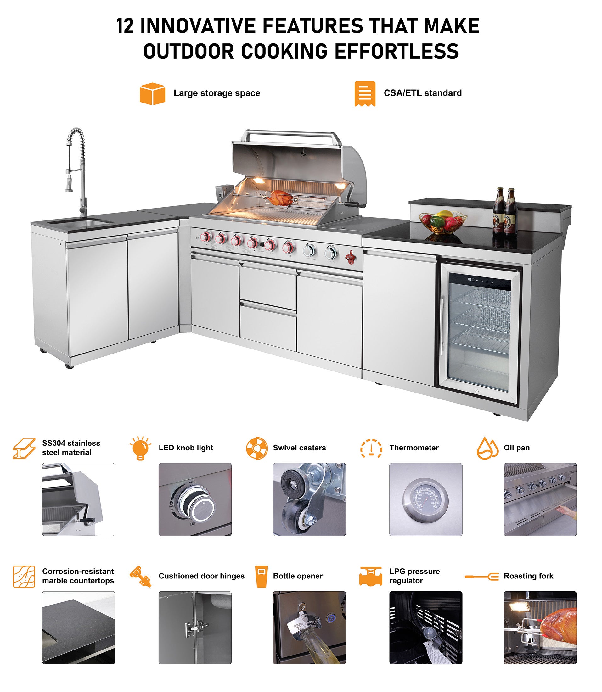 Outdoor Kitchen Island with 6+1 Burner Propane Gas BBQ Grill