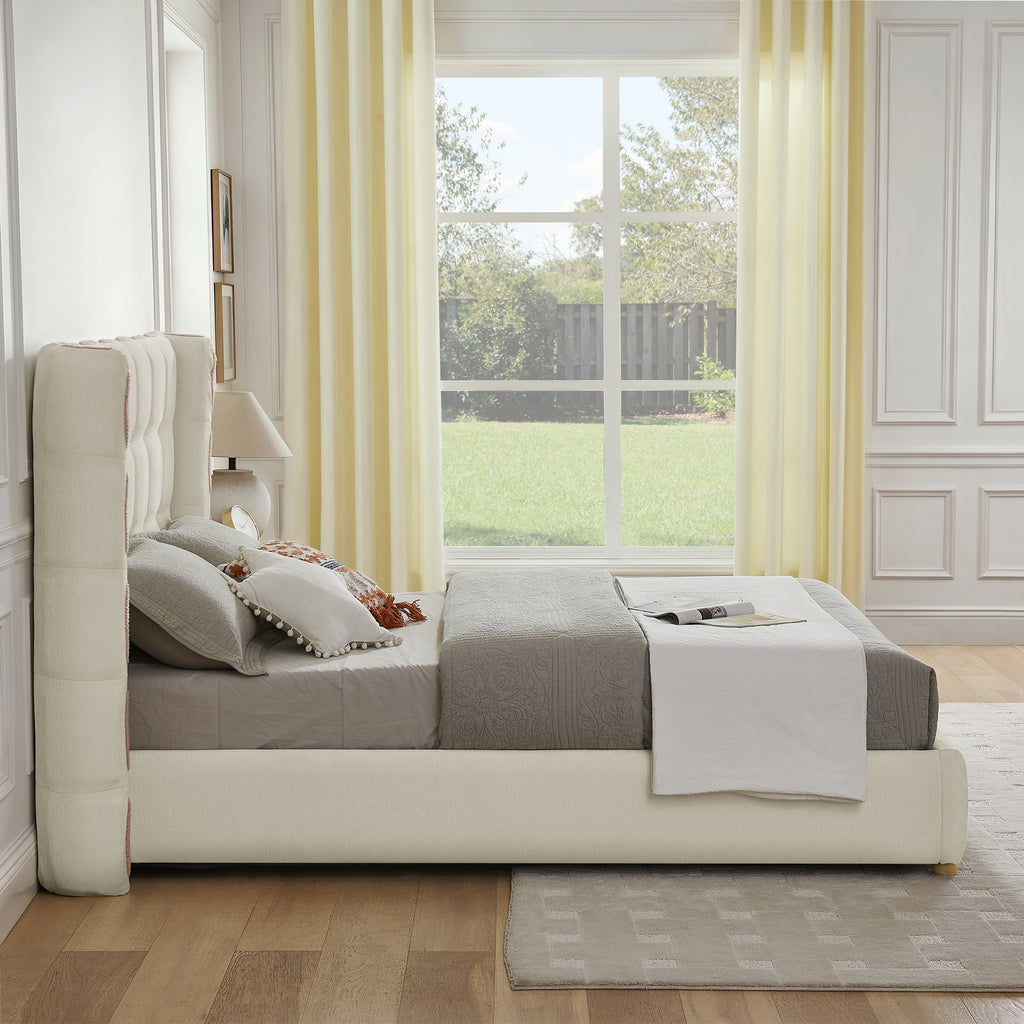 Queen Size Removable Chenille Wingback Upholstered Waffle Bed