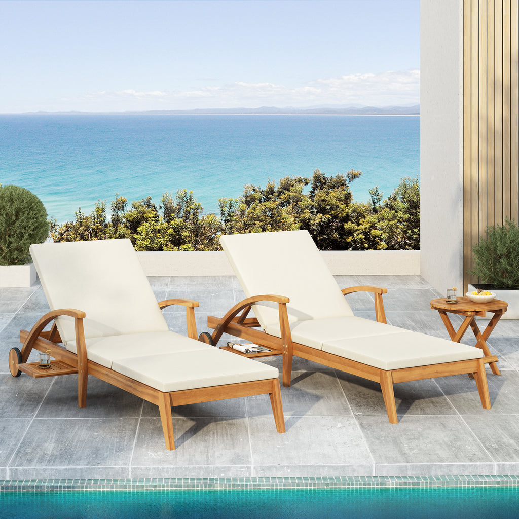 Chaise Lounge With Wheel - Acacia Wood Recliner for Patio