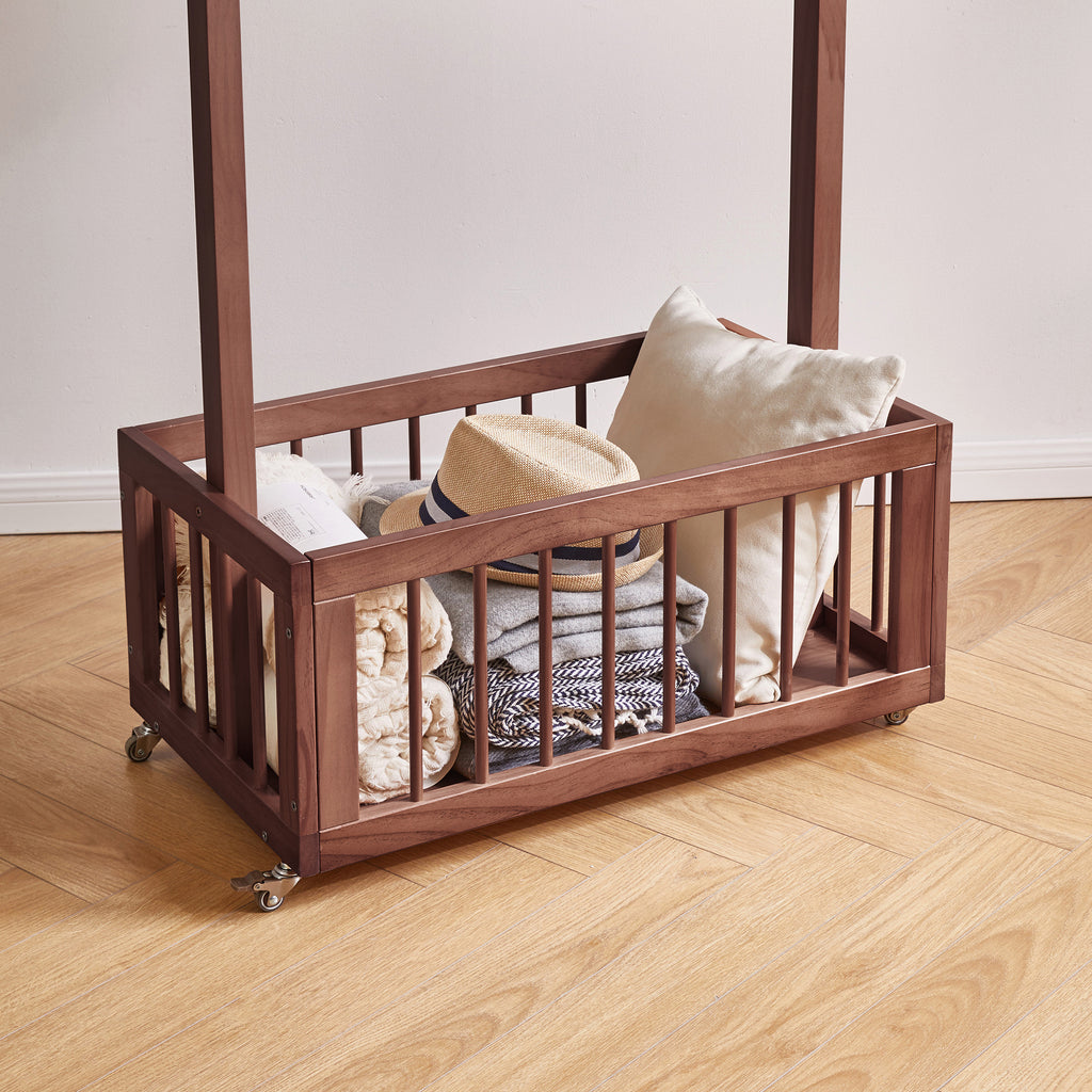 Solid Wood Freestanding Coat Rack with Storage Basket