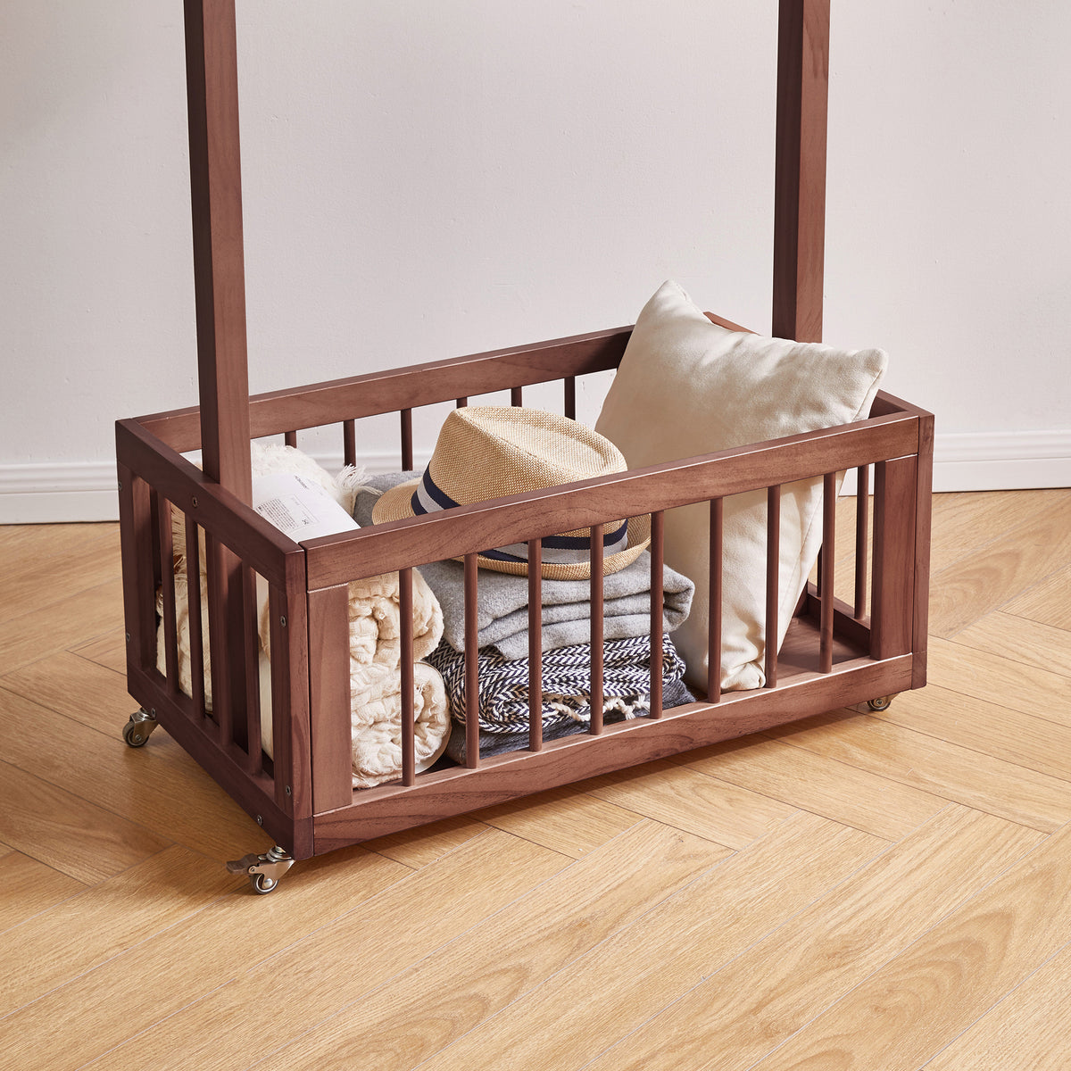 Solid Wood Freestanding Coat Rack with Storage Basket