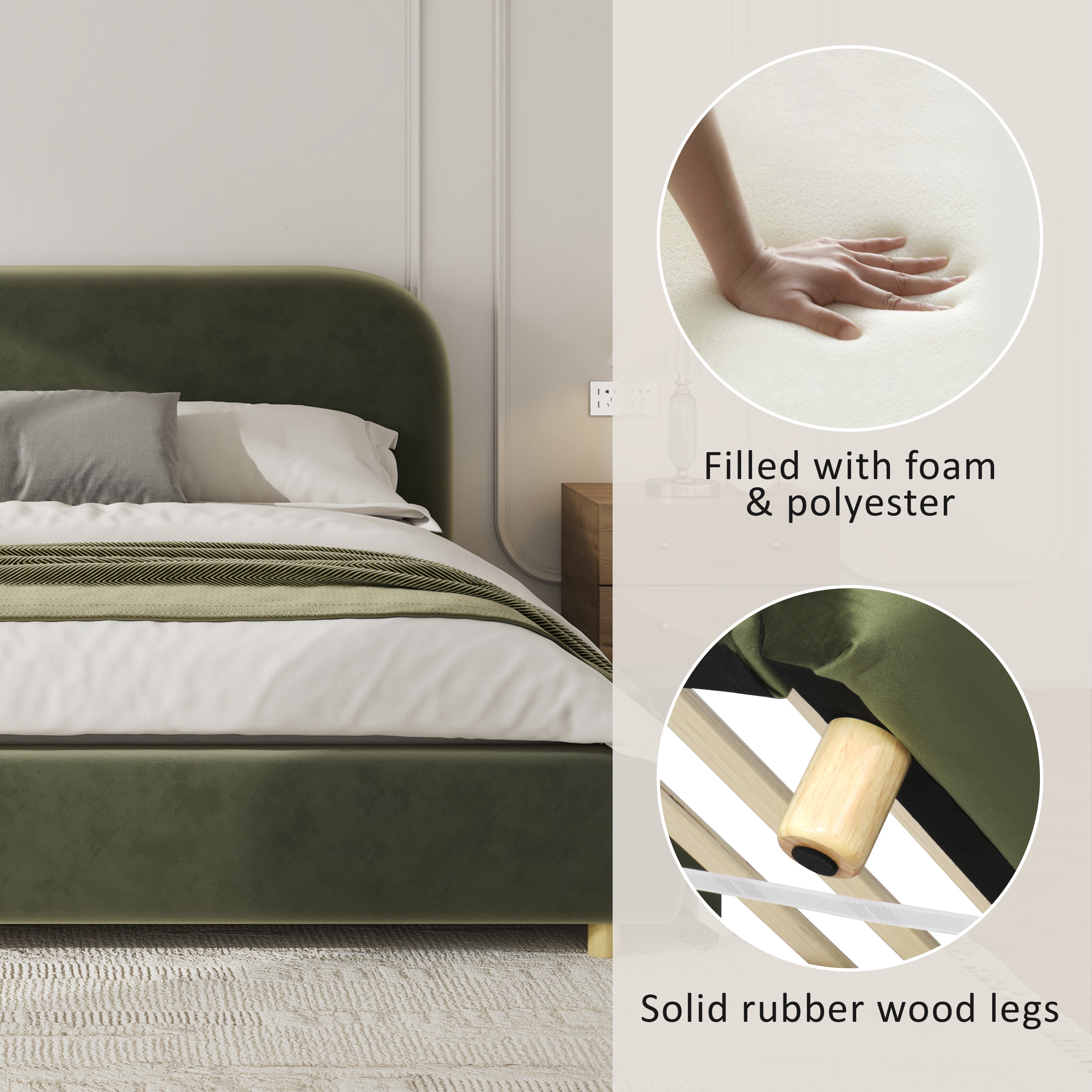 King Size Platform Bed with Velvet Fabric and Curved Headboard