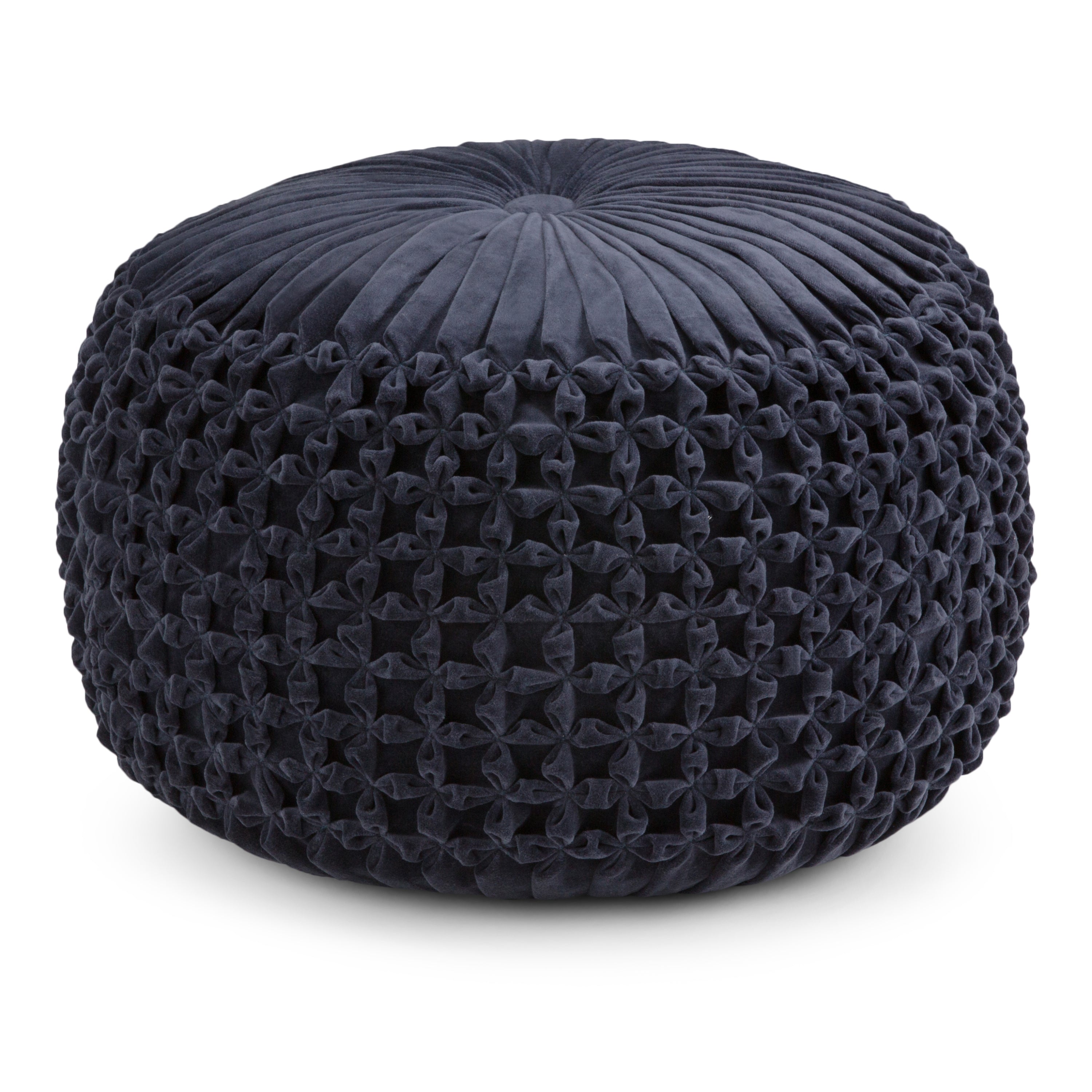Renee Round Pouf Navy Velvet Cotton Accent Stool