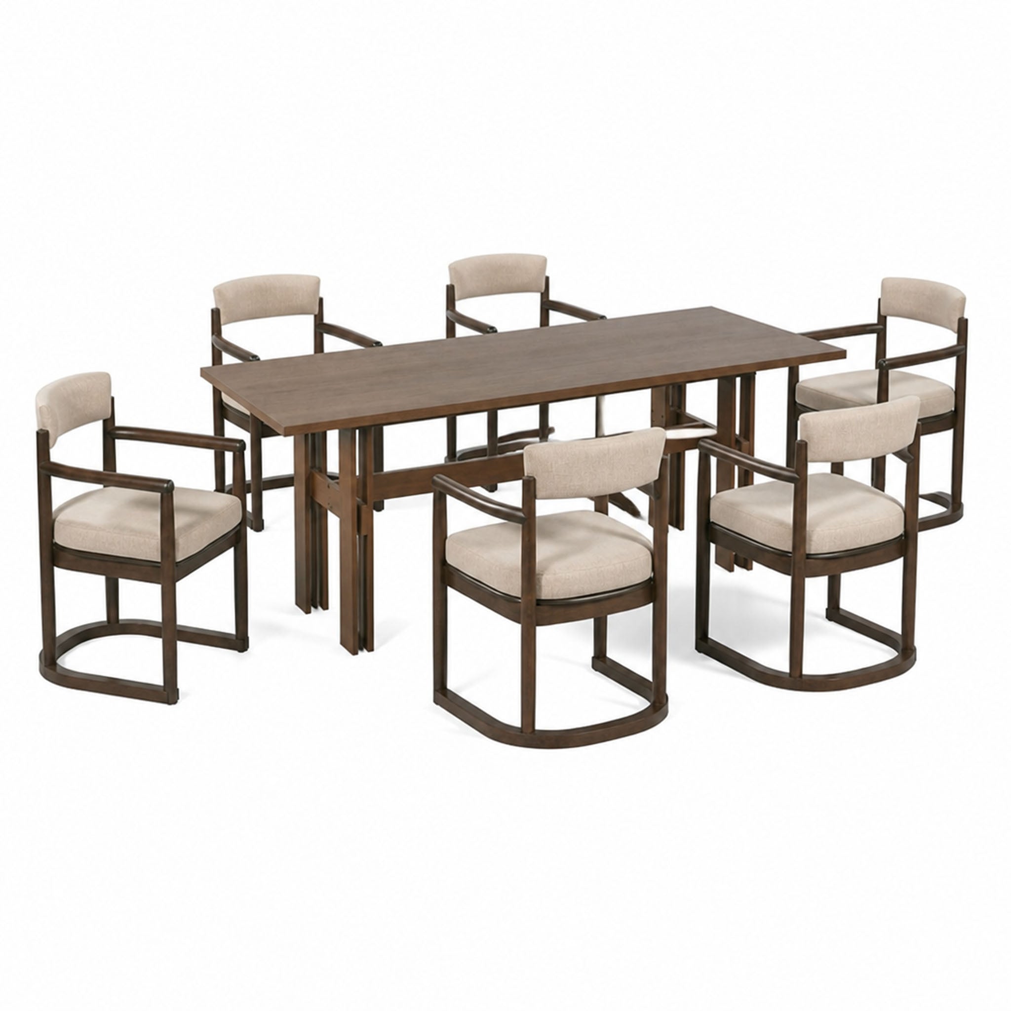 7-Piece Dining Table Set, 71" Rectangular Rubber Wood Dining Table with 6 Upholstered Arm Chairs
