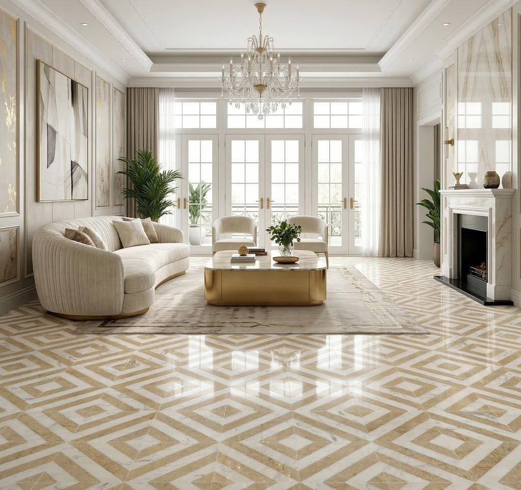 12x12 White Gold Two Color Waterjet Marble Tile