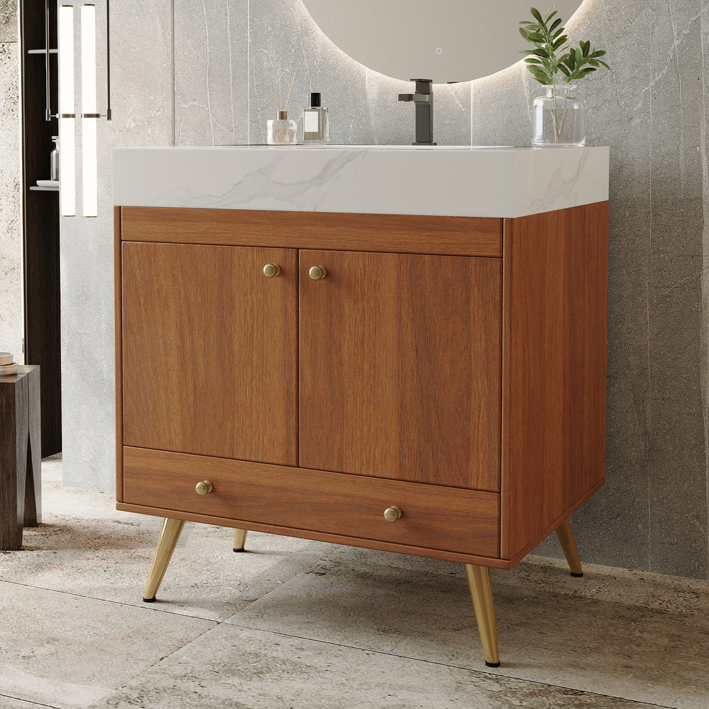 Mid-Century Freestanding Bathroom Vanity with Faux Marble Top
