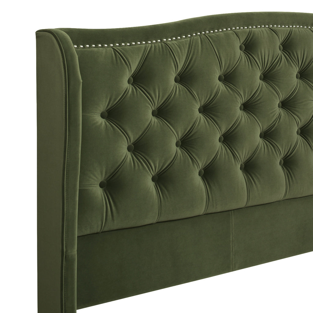 Marcella Upholstered Shelter Headboard Bed Set, King, Olive