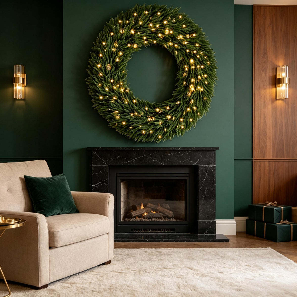48 Inch Artificial Norfolk Pine Christmas Wreath, Pre-Lit with LED Lights
