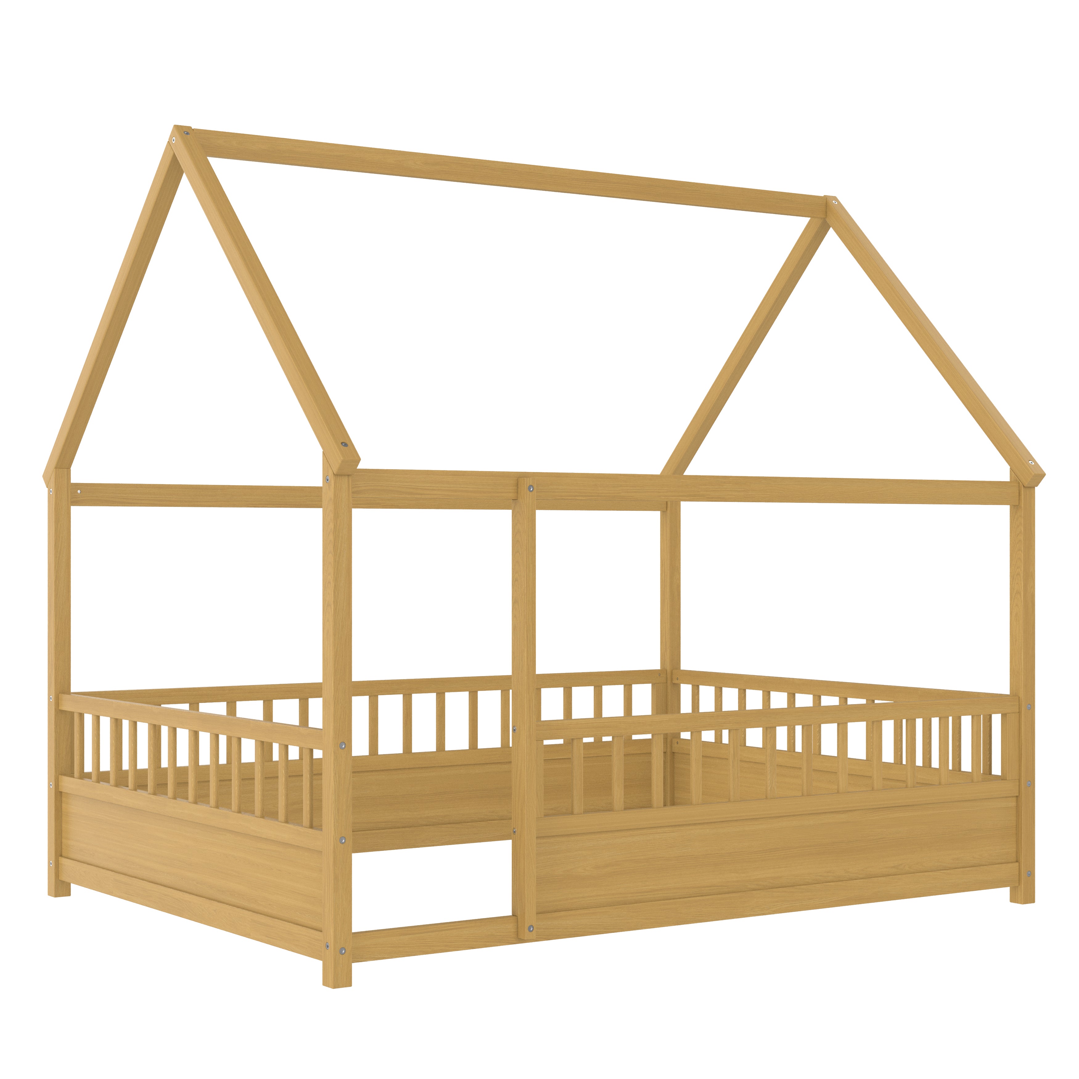 Full Size Floor Wooden Bed with House Roof Frame