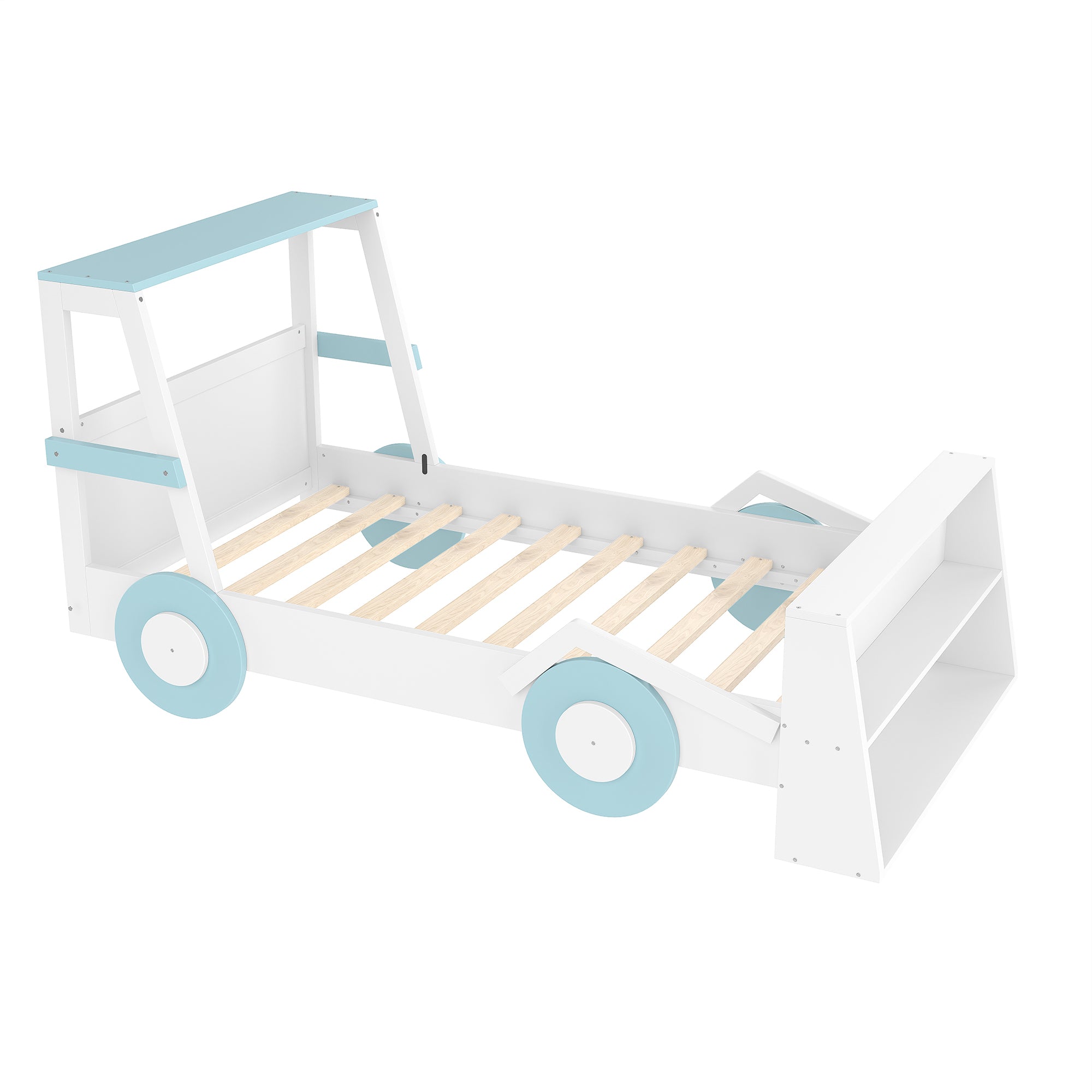 Twin Size Car Bed with Storage Shelves, Kids Platform Bed