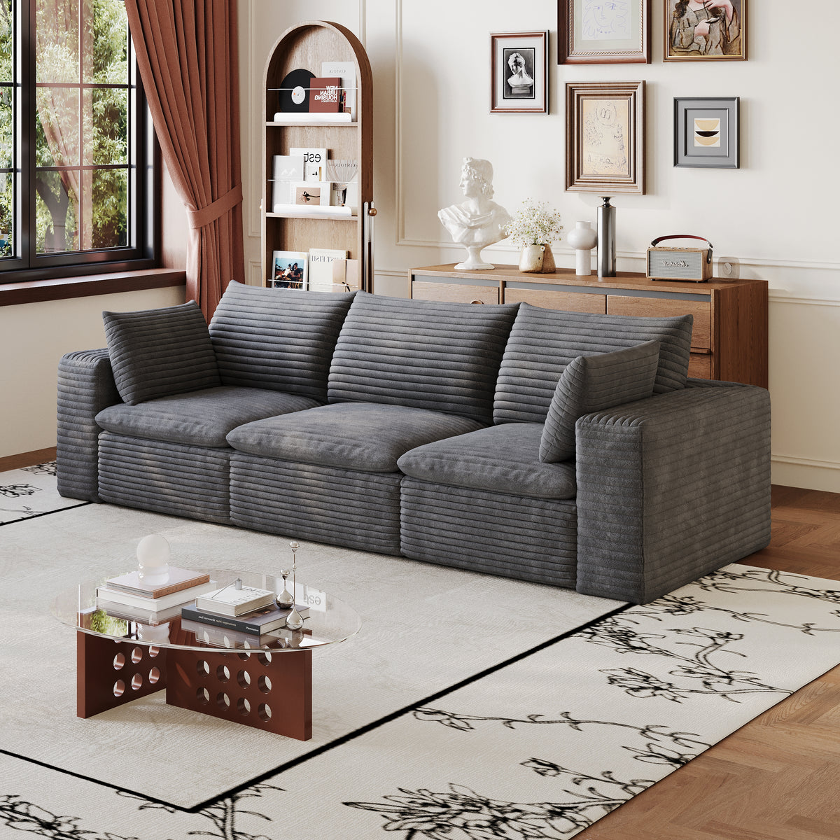 Cloud Sofa 102-Inch, Corduroy Fabric Deep Seat, Dark Grey