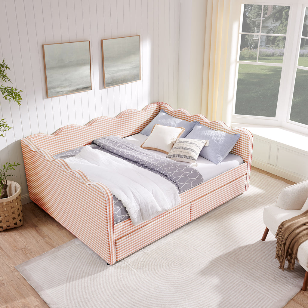Queen Size Cozy Gingham Daybed with Storage Drawers