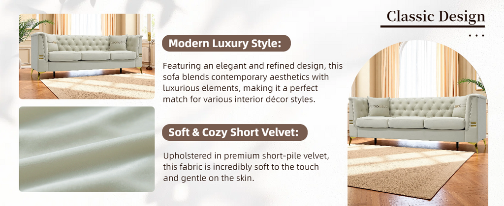 Modern Tufted Velvet Sofa with Pillows