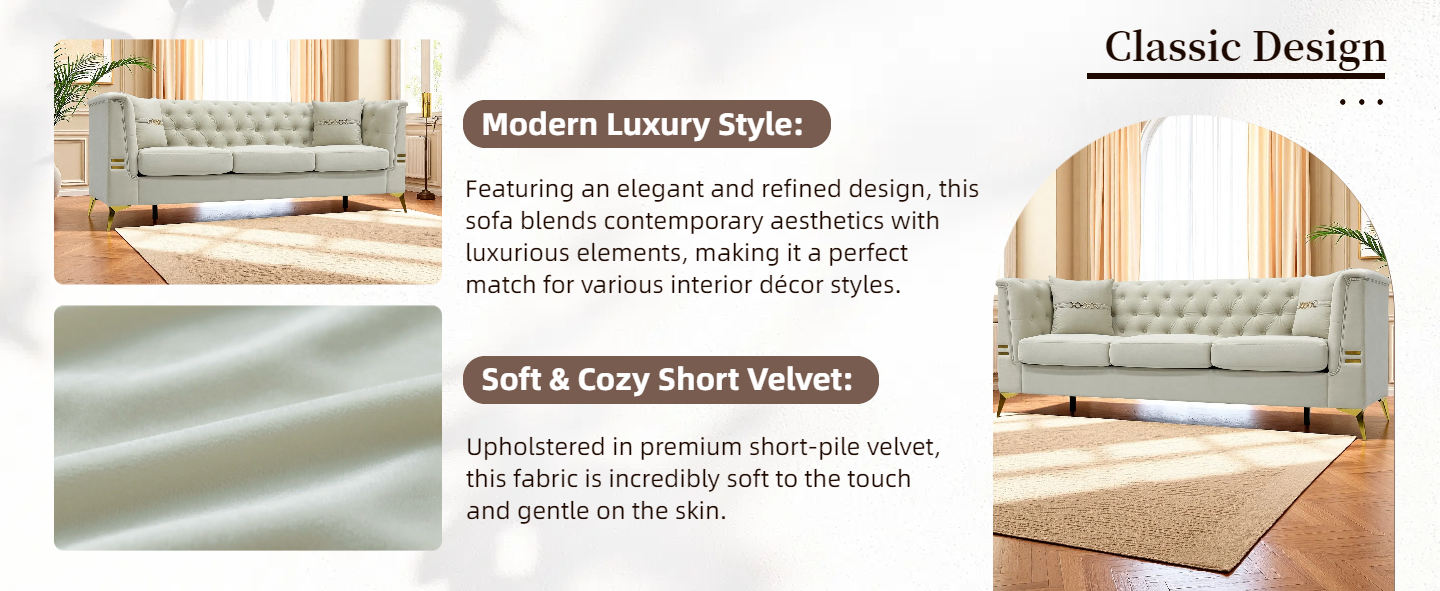 Modern Tufted Velvet Sofa with Pillows