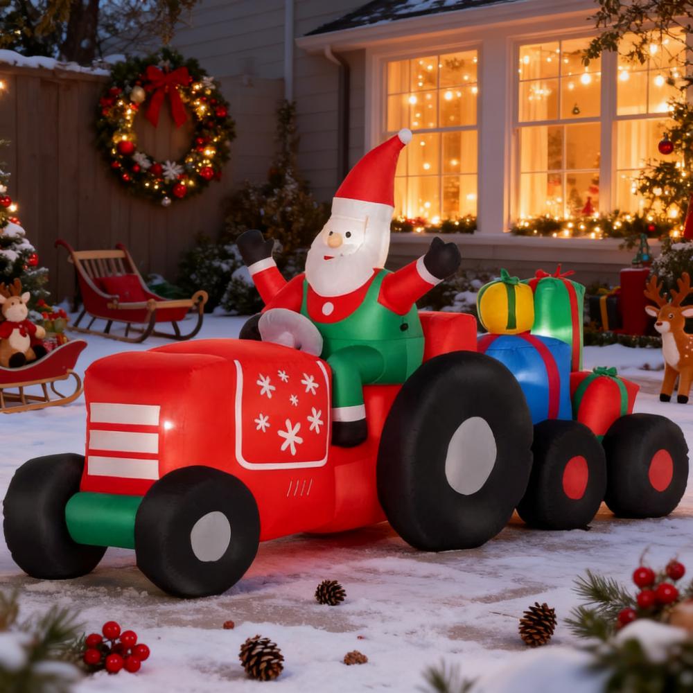 Inflatable Santa on Driving Trailer with Gift Load