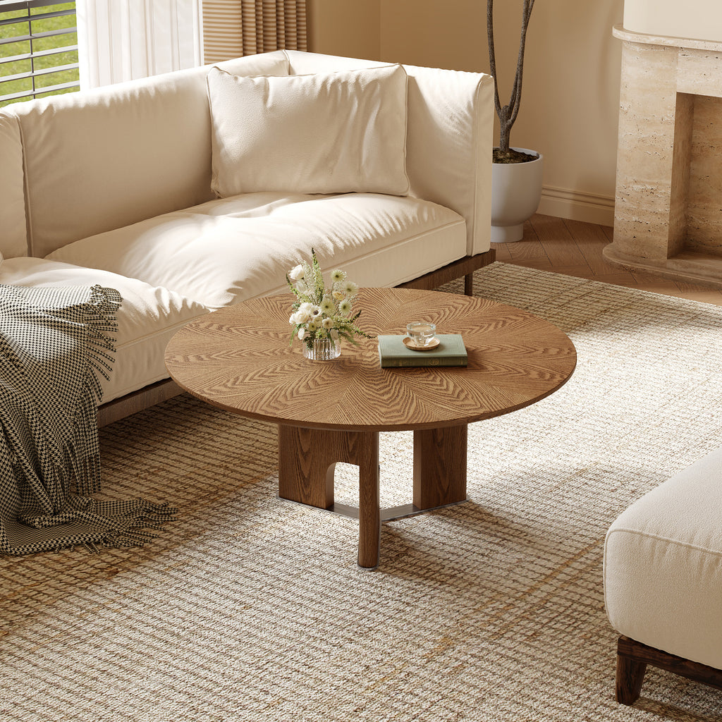 31.5 Inches Round Rustic Ash Wood Veneer Coffee Table