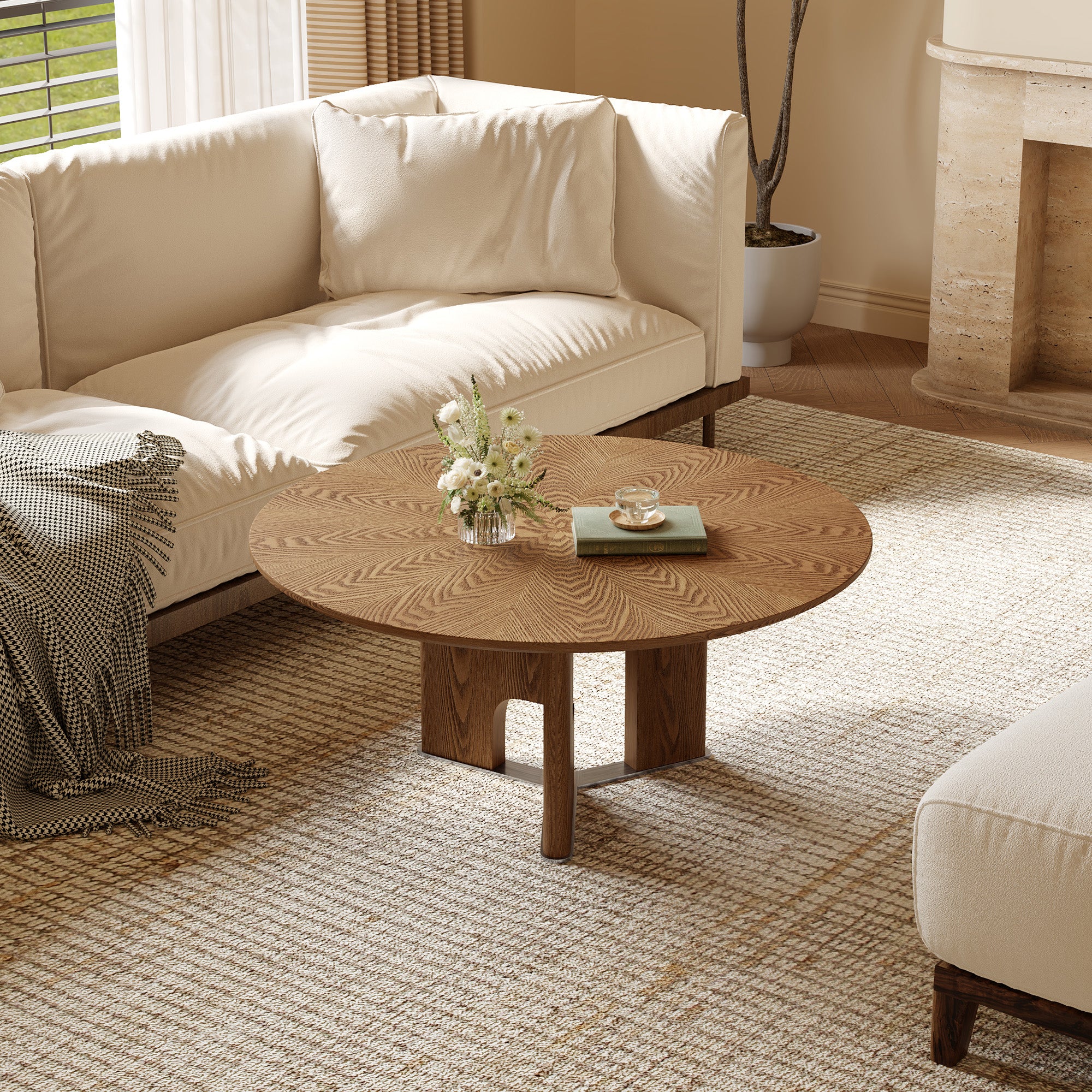 31.5 Inches Round Rustic Ash Wood Veneer Coffee Table