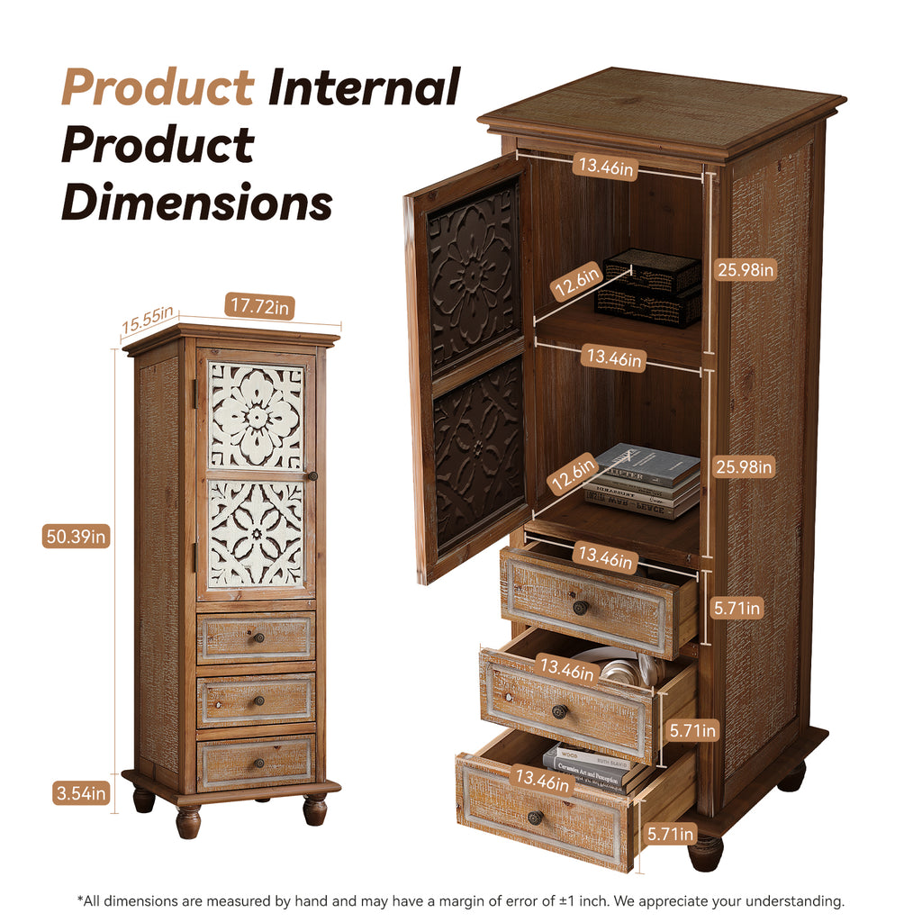 Rustic Wooden Storage Cabinet with Decorative Cutout Door & 3 Drawers
