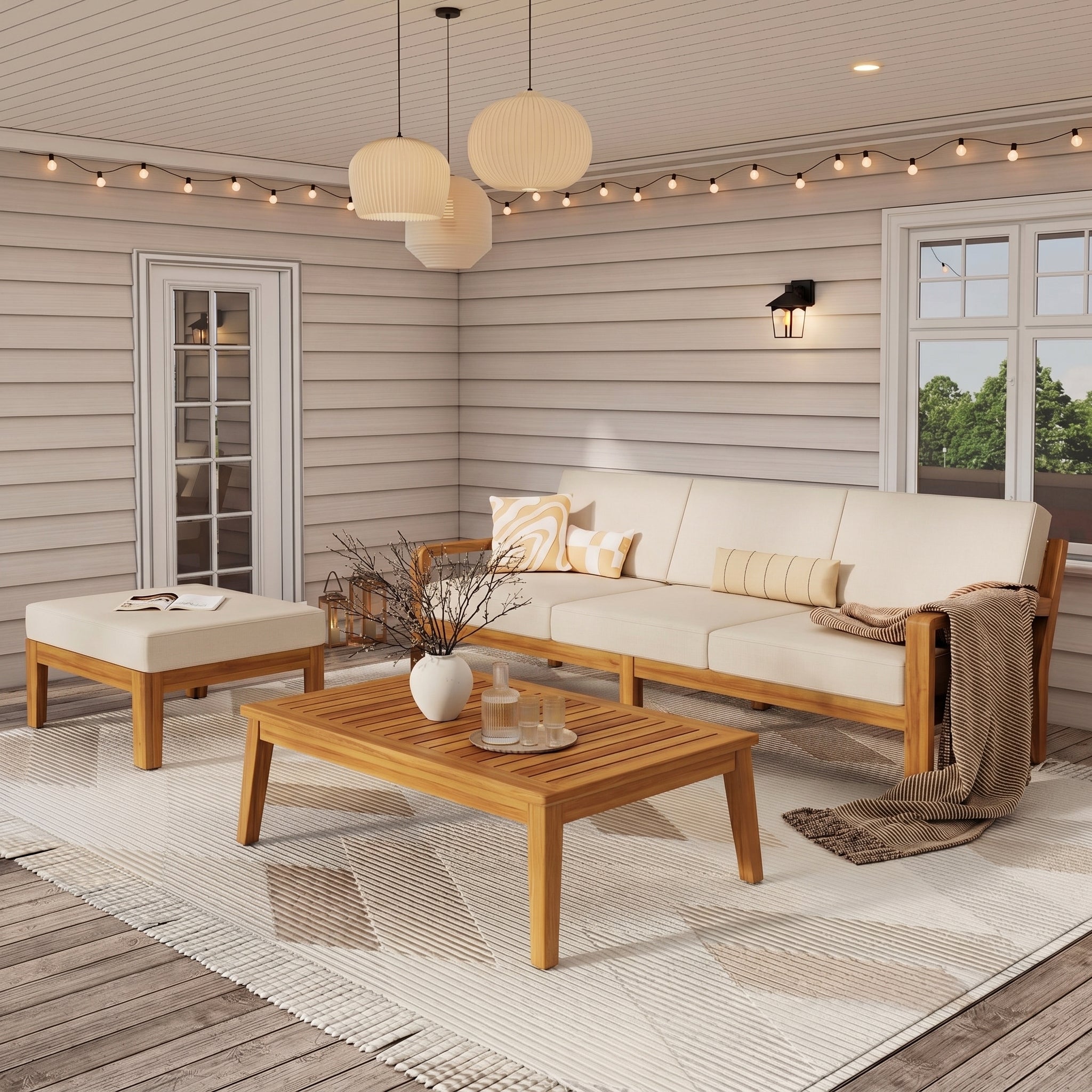 Outdoor L Shape 3-Piece Acacia Wood Patio Sofa Set