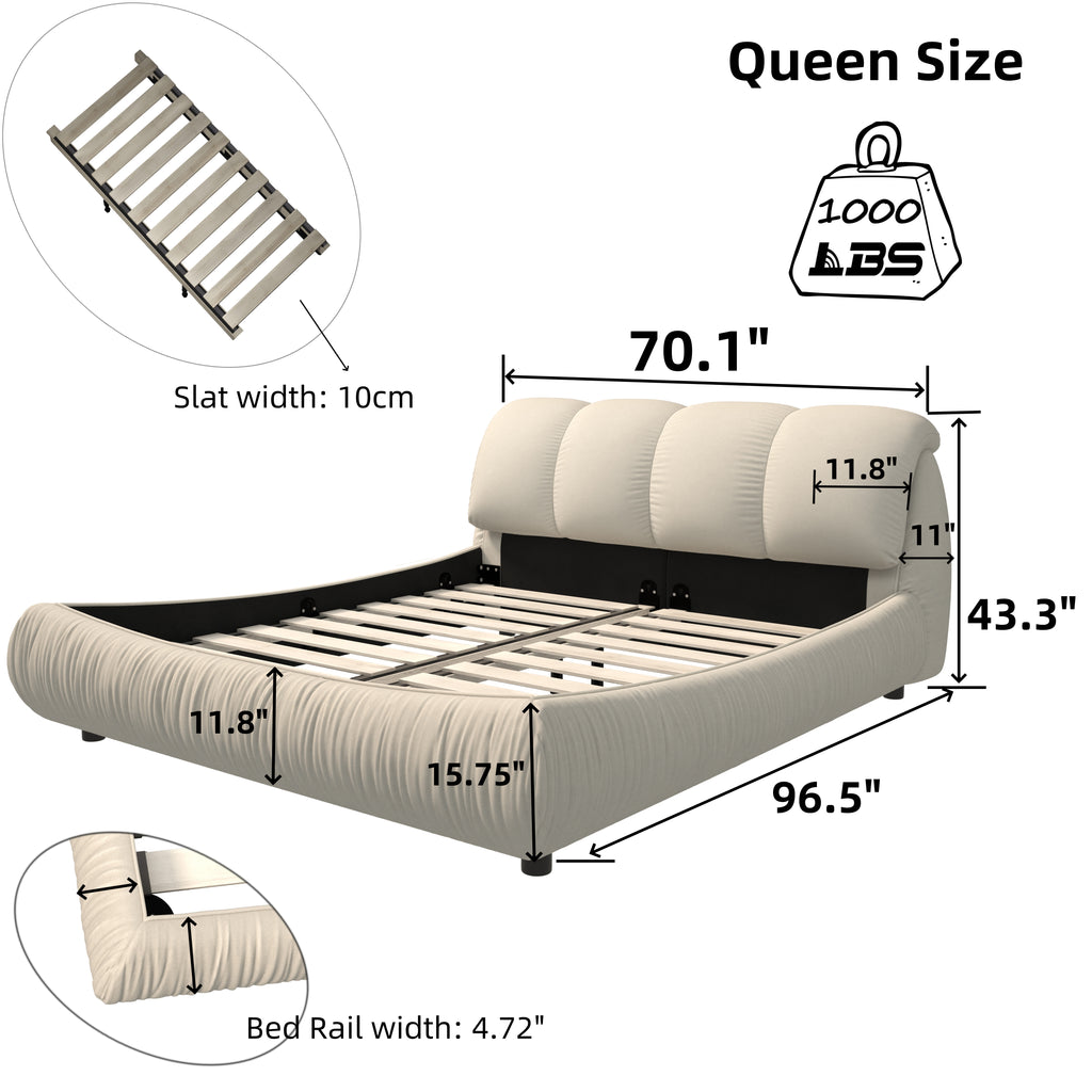 Queen Size Luxury Upholstered Platform Bed with Oversized Padded Backrest