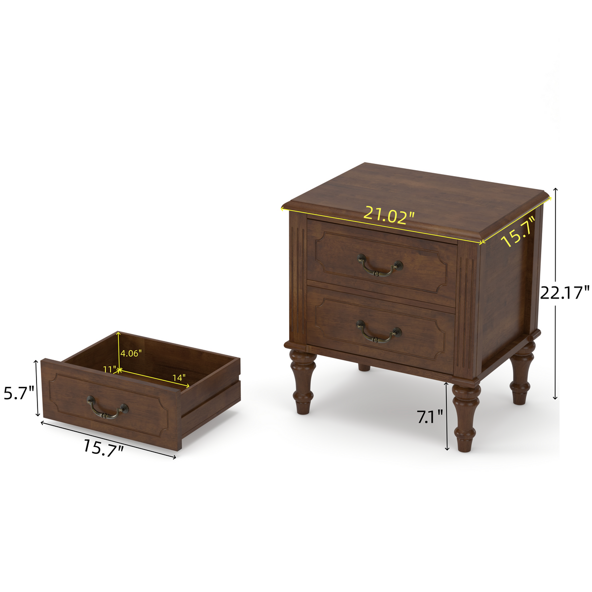 Farmhouse Nightstand with 2 Drawer, Traditional Wood Bedside Table, Wood Storage End Table with 4 Solid Wood Feet, Metal Handle, Traditional wood-on-wood drawer glides, Easy Assembly