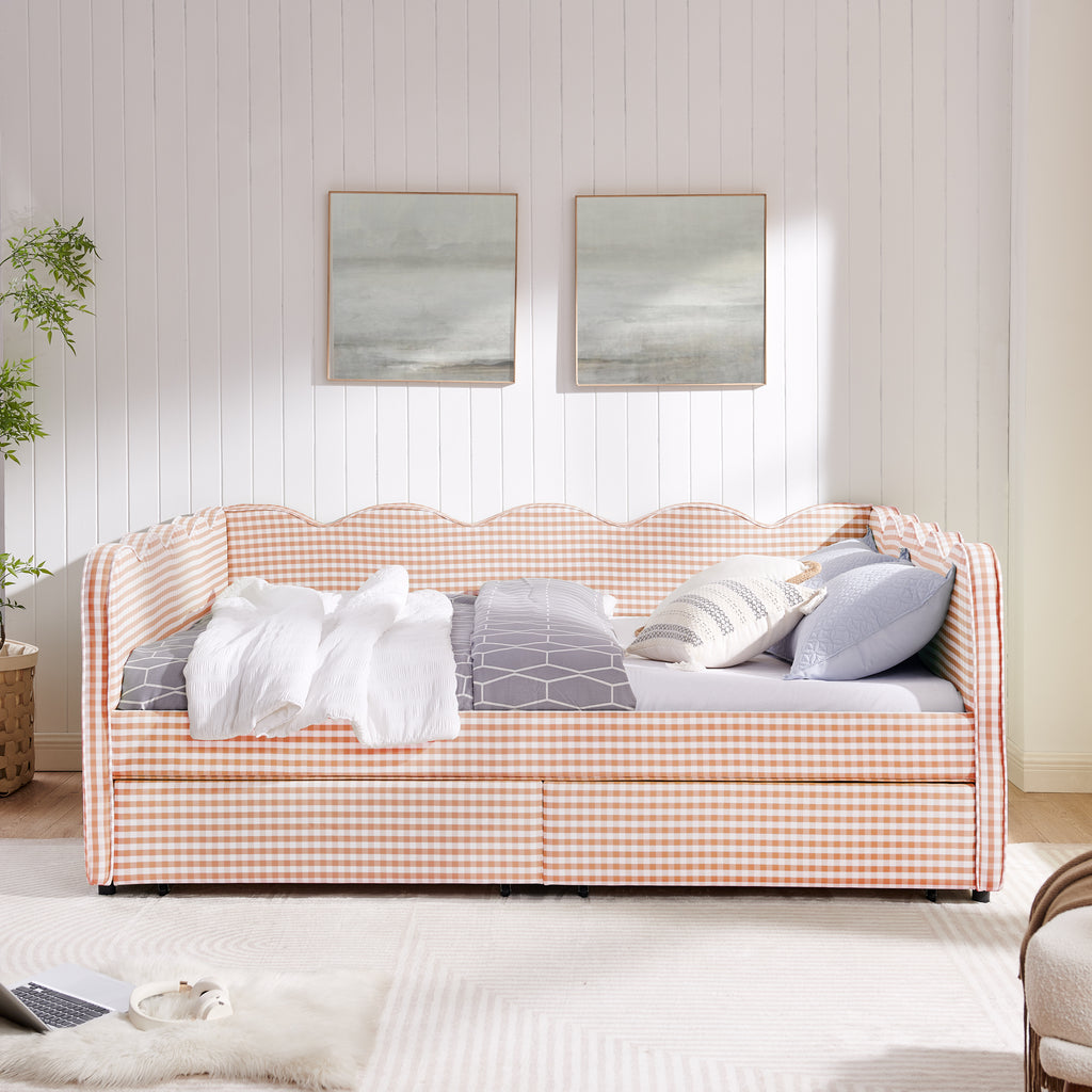 Queen Size Cozy Gingham Daybed with Storage Drawers