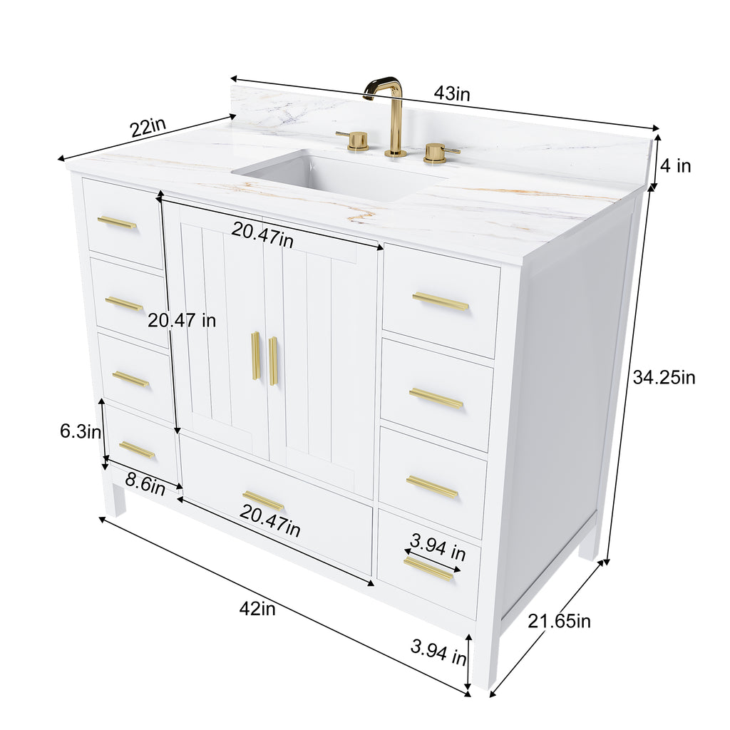 42" Modern Solid Wood Bathroom Vanity with Sink, 43" Carrara