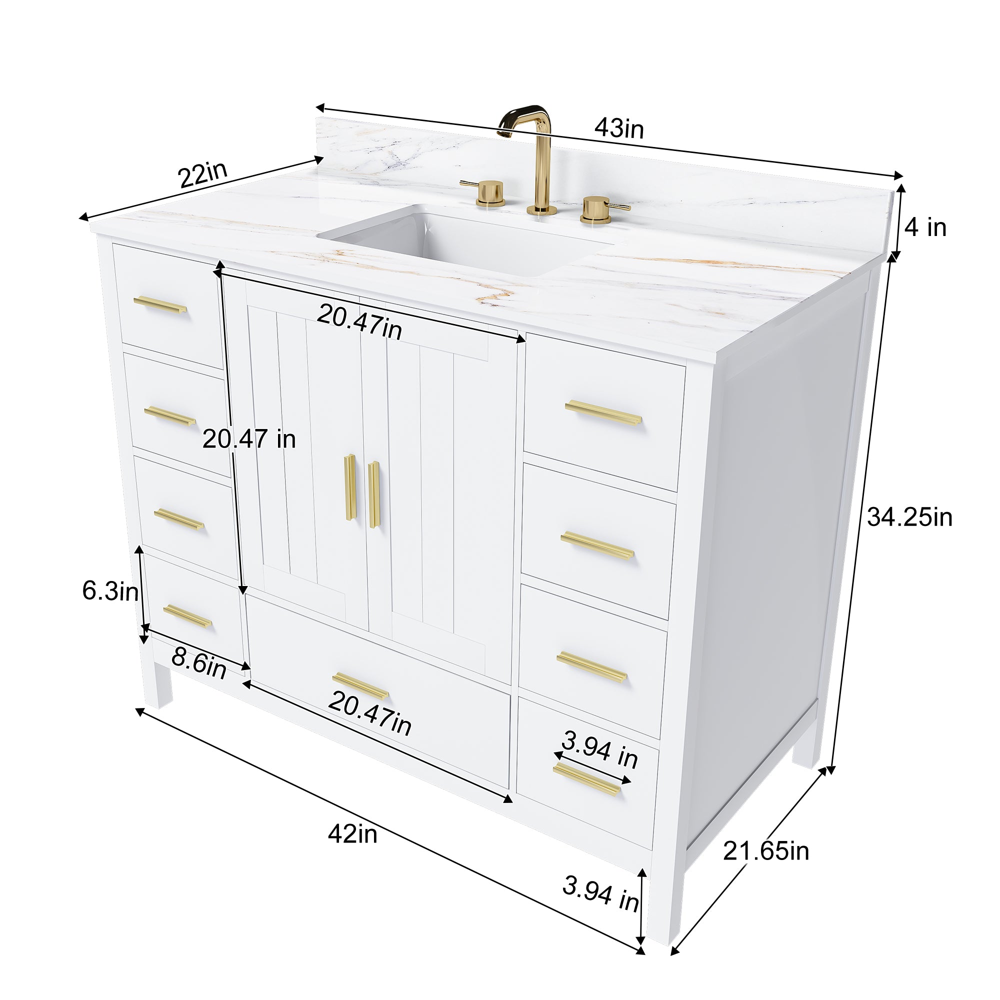 42" Modern Solid Wood Bathroom Vanity with Sink, 43" Carrara