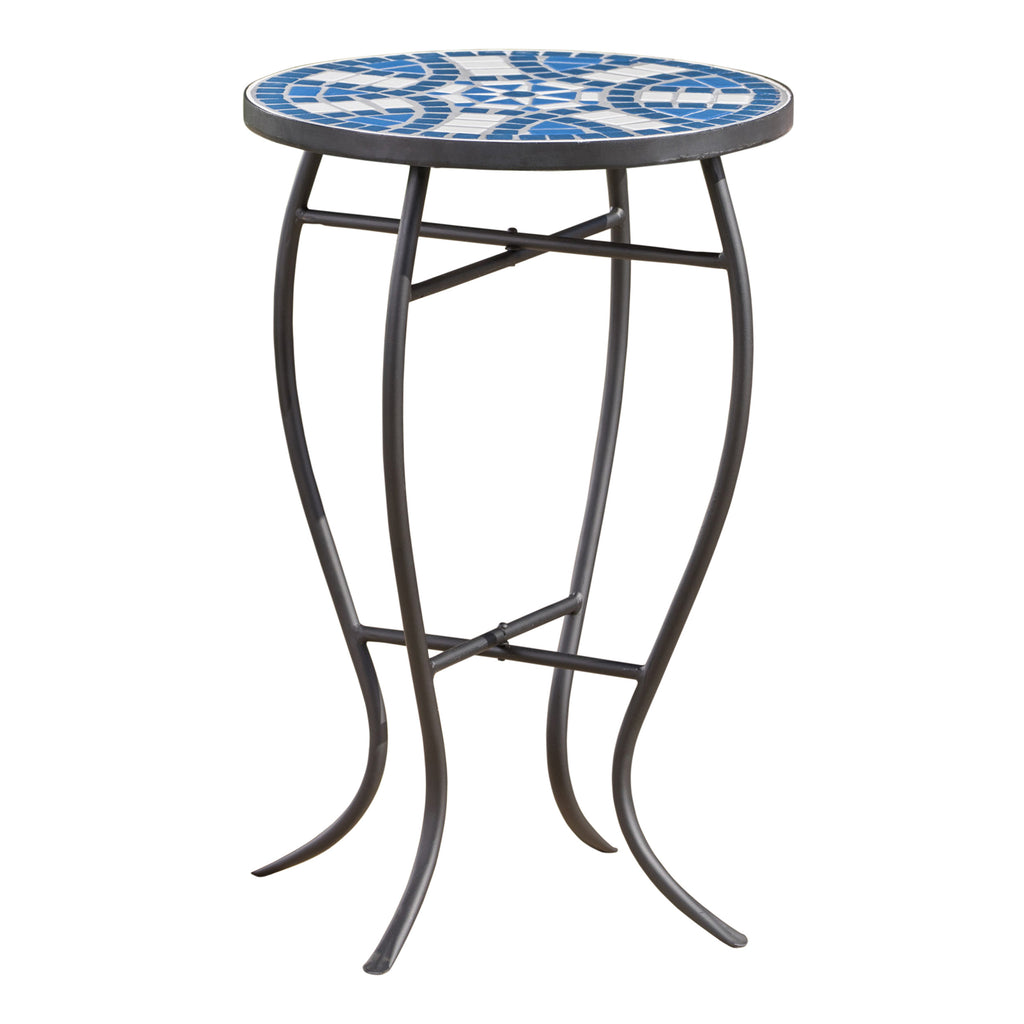 Outdoor Round Side Table with Mosaic-Style Top and Curved Iron Legs