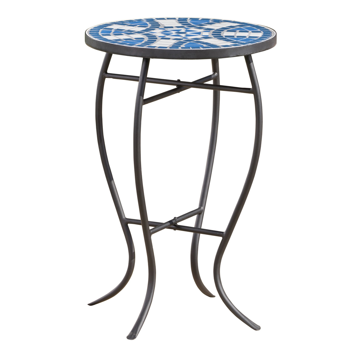 Outdoor Round Side Table with Mosaic-Style Top and Curved Iron Legs