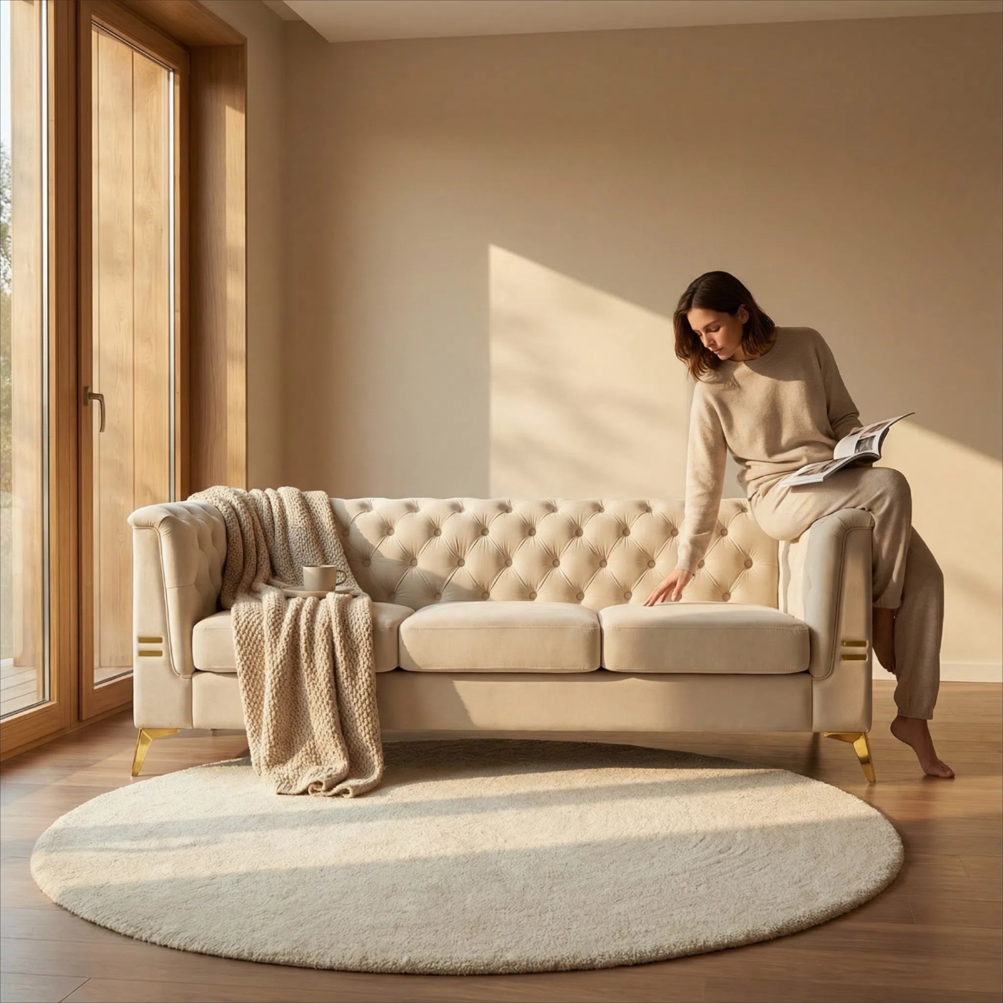Contemporary Faux Sherpa Fabric Sofa With Pillows