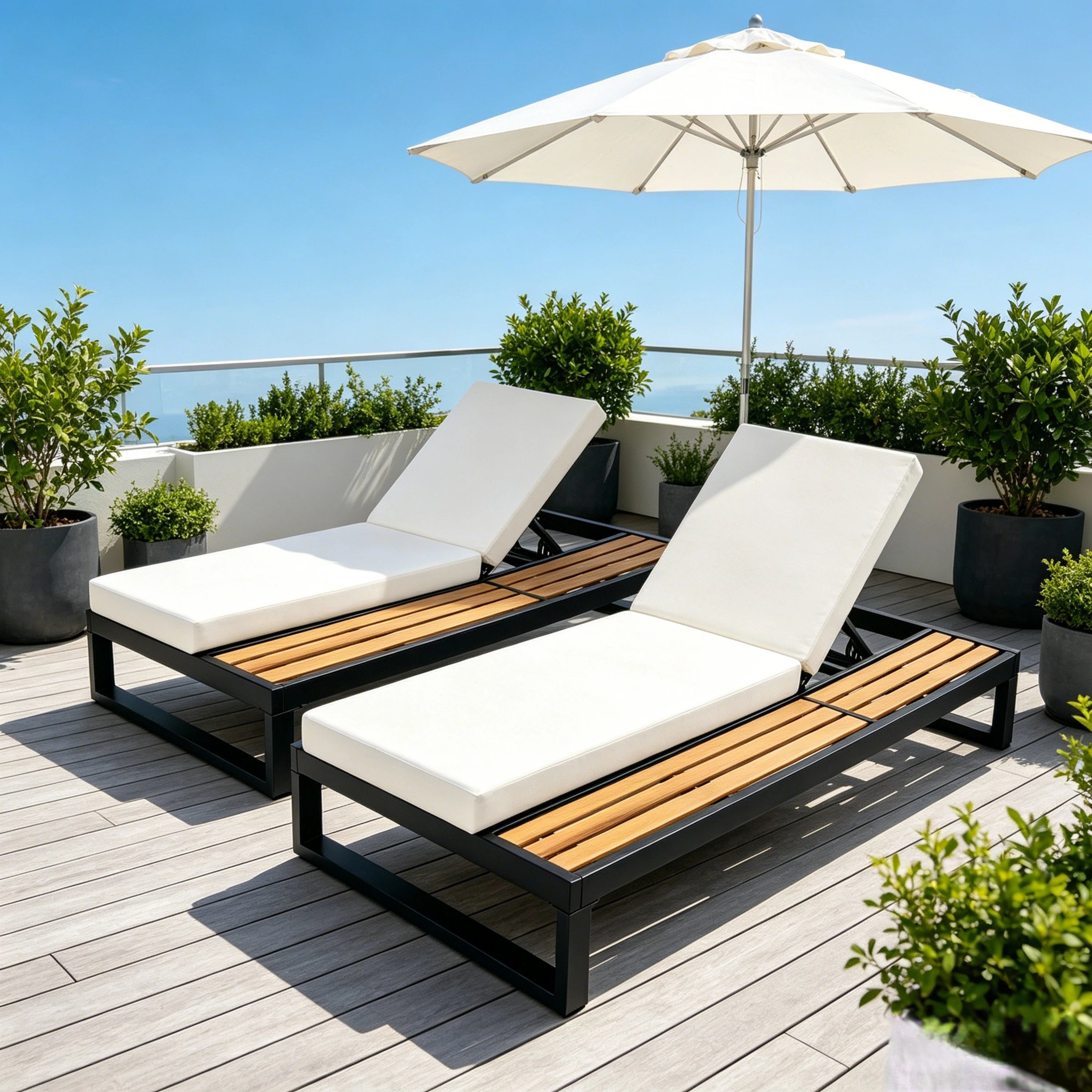 Black Iron & Teak Finish Chaise Lounge Set