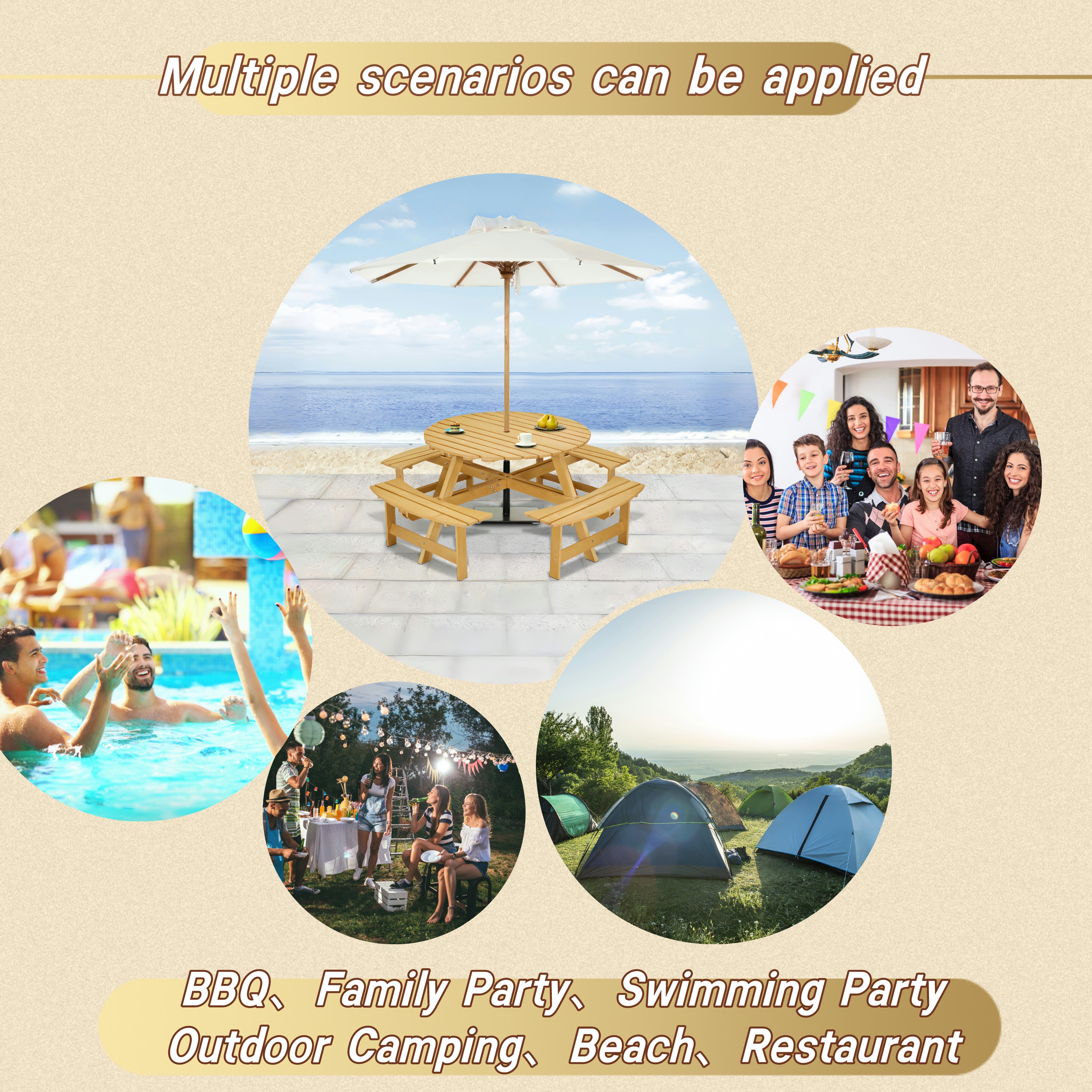 Outdoor 8 Person Picnic Table with Umbrella Hole