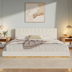 Solid Rubber Wood Platform Bed with Upholstered Headboard