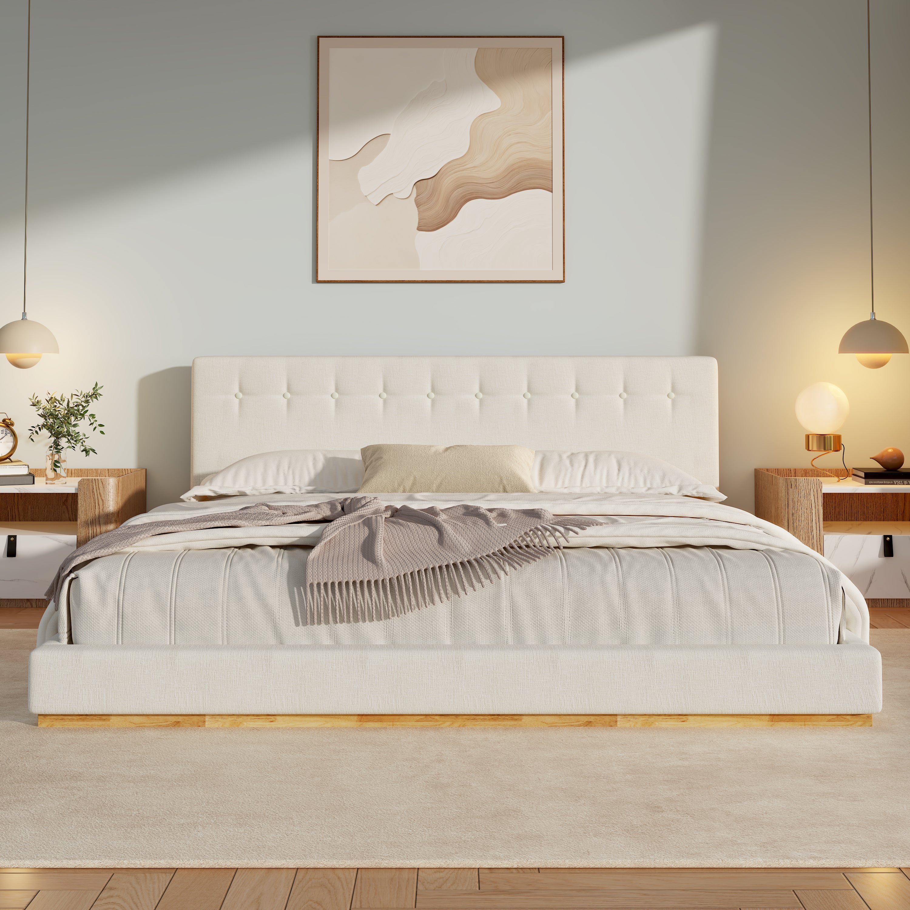 Solid Rubber Wood Platform Bed with Upholstered Headboard