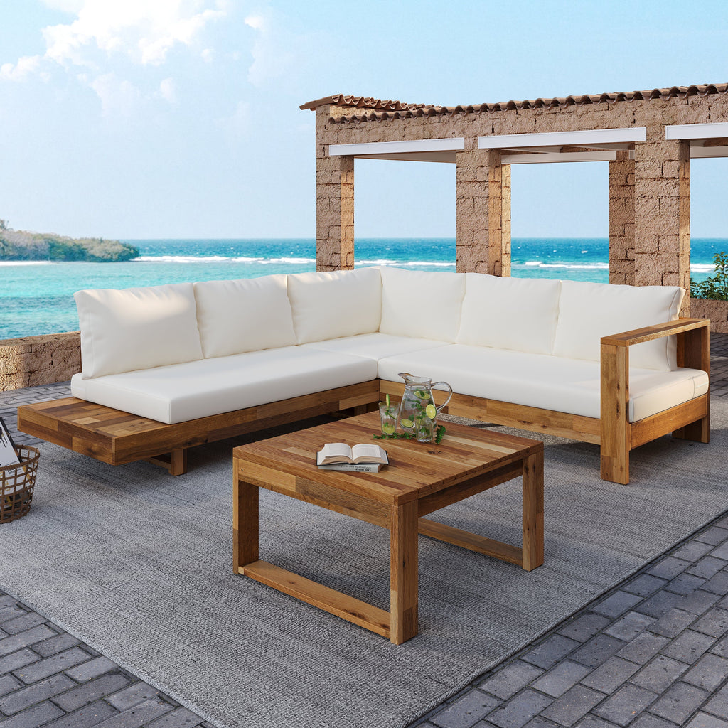 Outdoor 4pc Acacia Wood Sectional Patio Sofa Set