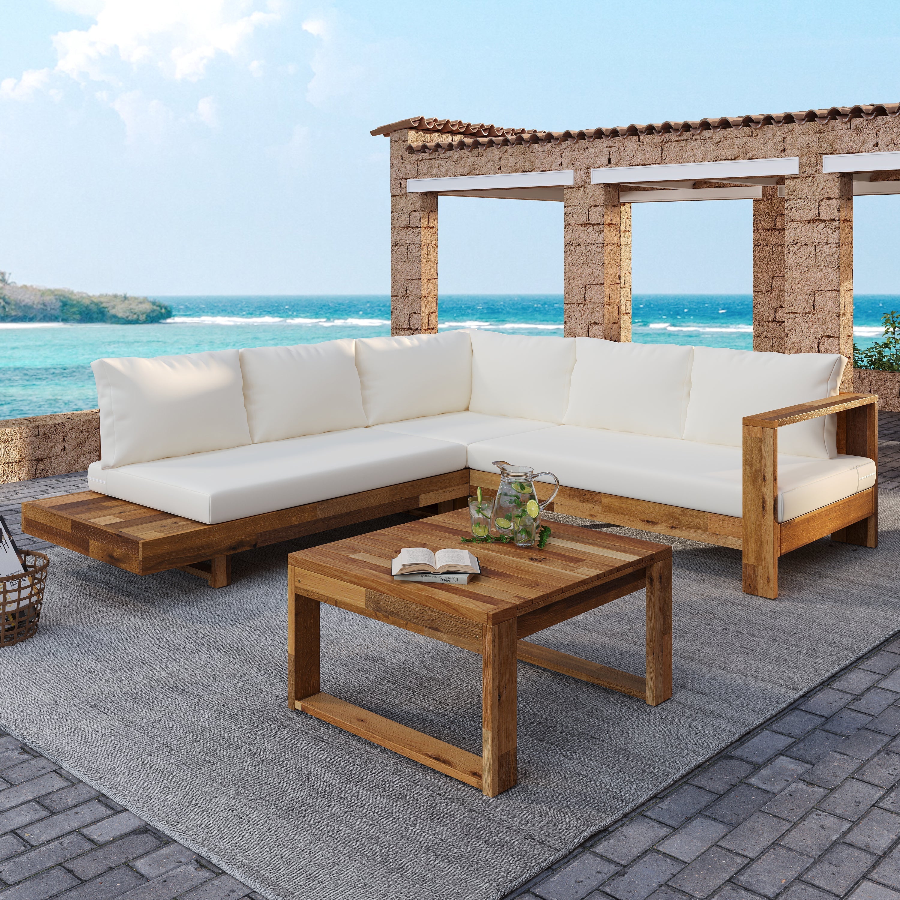 Outdoor 4pc Acacia Wood Sectional Patio Sofa Set