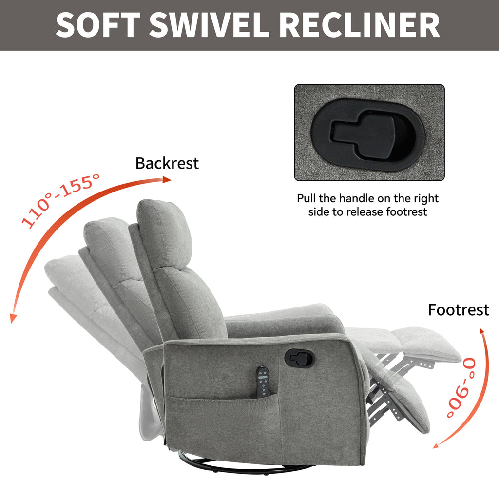 Heat Massage Manual Recliner Chair with Rocker and Swivel in Fabric