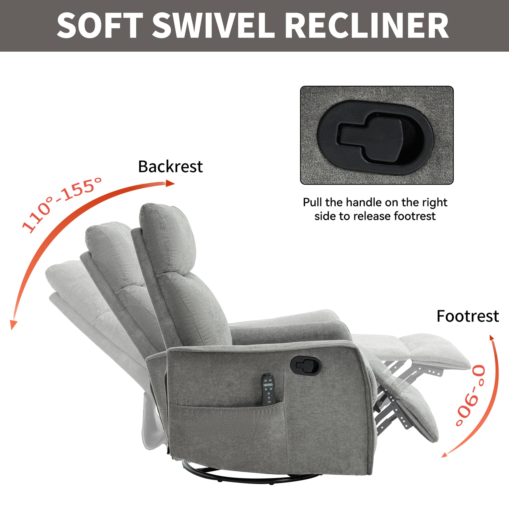 Heat Massage Manual Recliner Chair with Rocker and Swivel in Fabric