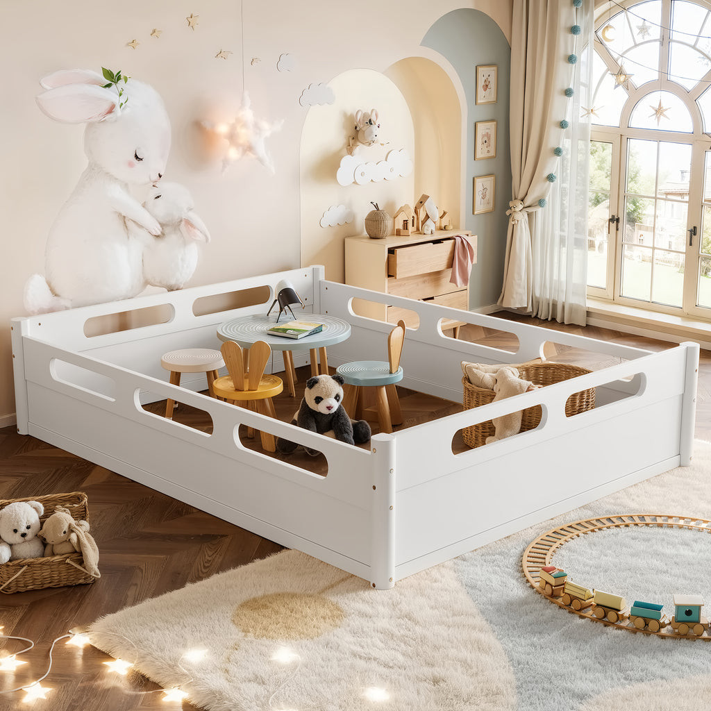 Queen Size Floor Platform Bed with Full-length Guardrails
