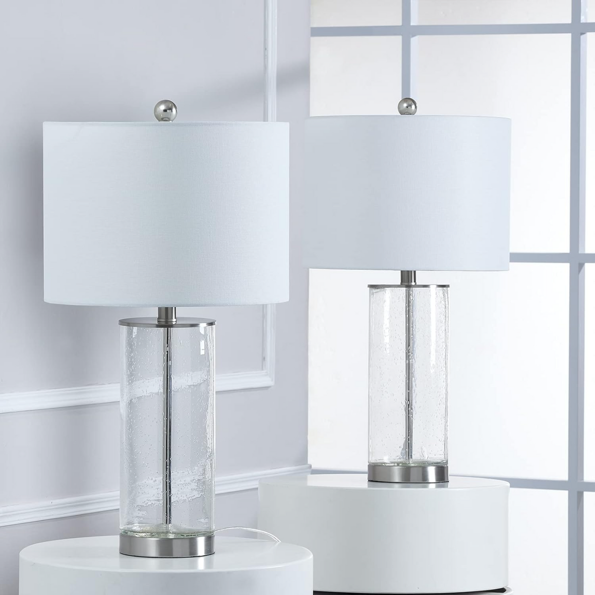 Modern Table Lamp Set of 2, 23.25-Inch Nickel Clear Glass With 3-Way Dimmer