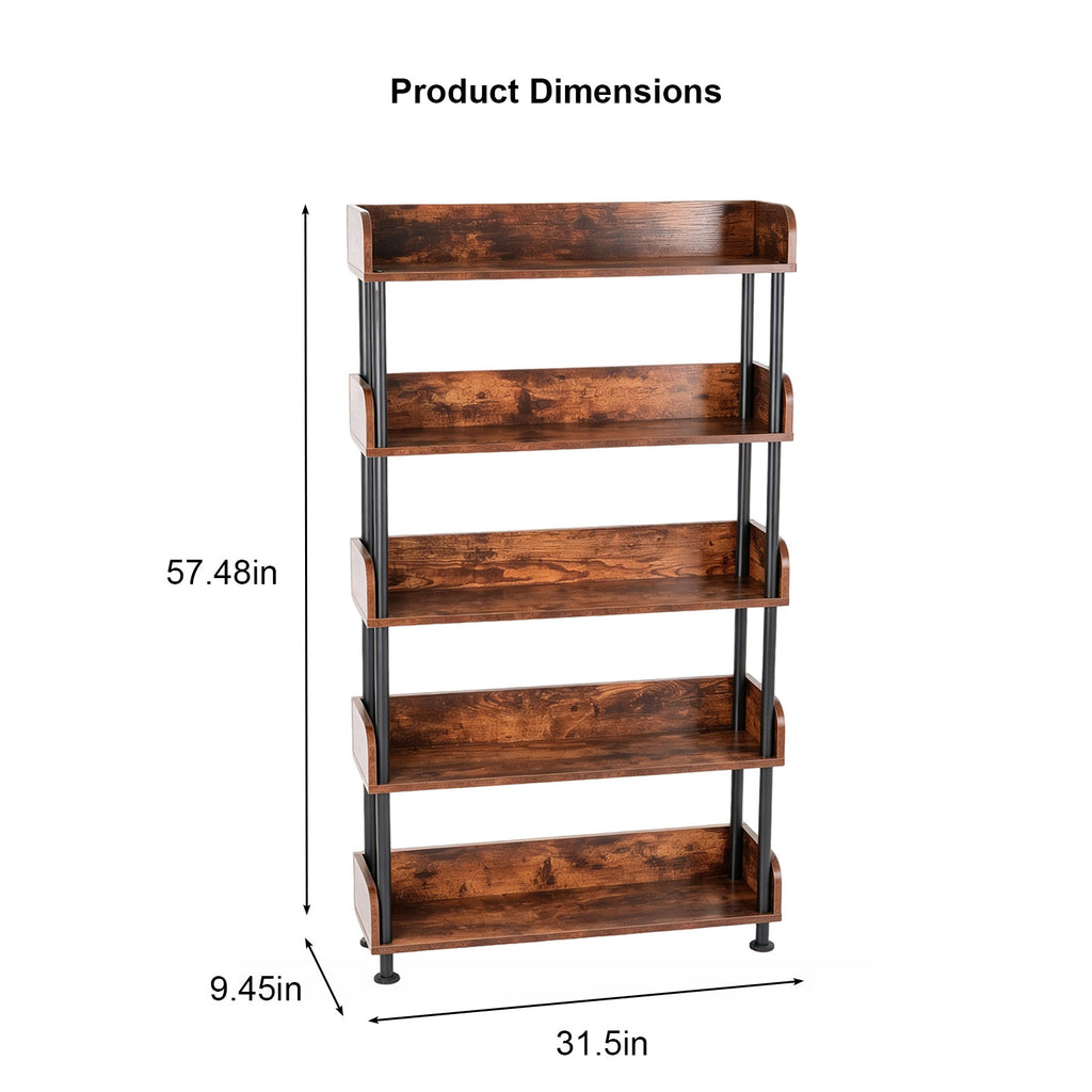 5-Tier Industrial Bookshelf - Open Rustic