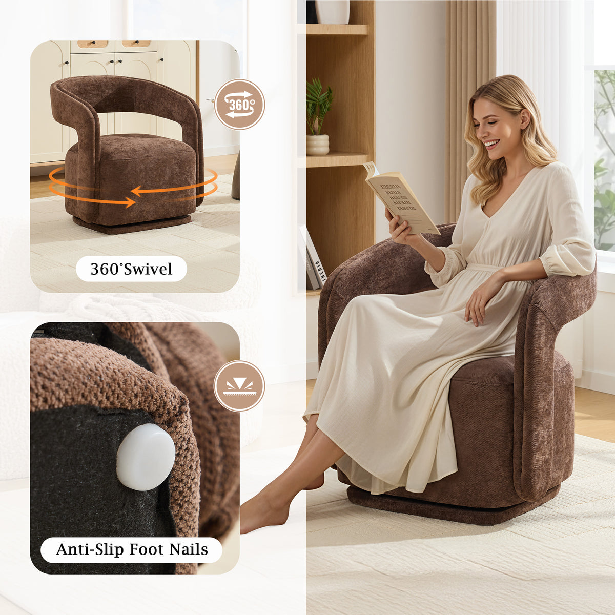 Chenille Fabric Swivel Accent Armchair, Brown Barrel Chair With Curved Backrest