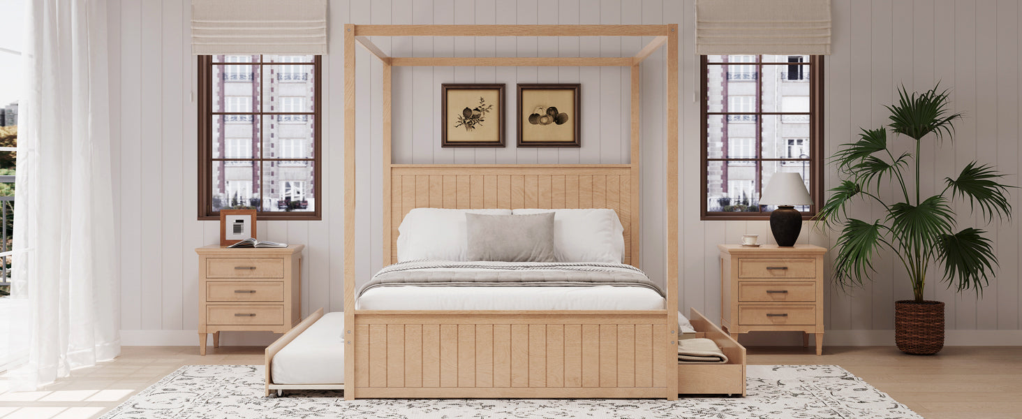 Queen Size Canopy Bed with Trundle and Storage