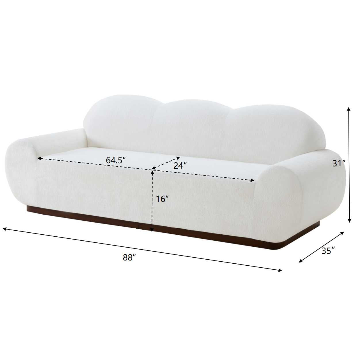 88 in. Round Arm Cloud Curved 3 Seater Modern Upholstered Chenille Sofa, Snow