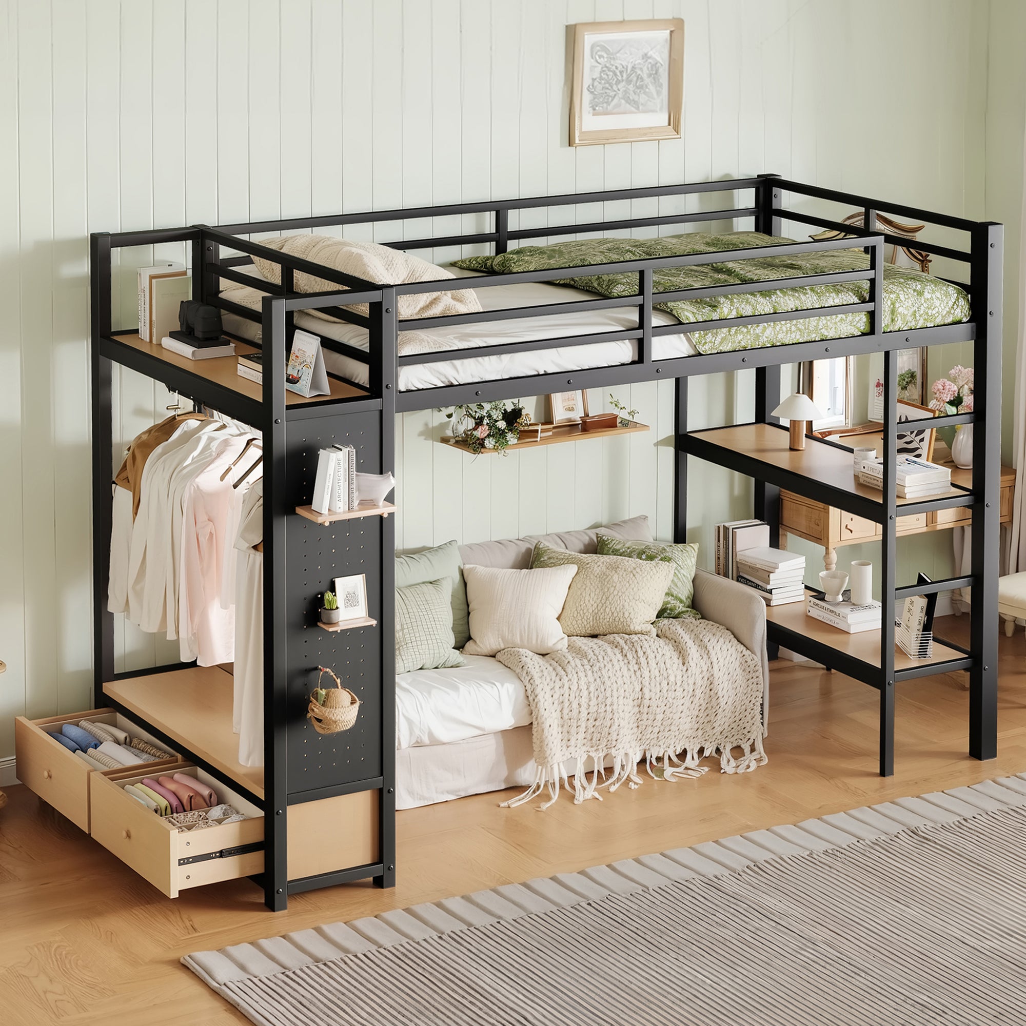 Twin XL Loft Bed Frame with Wardrobe, Metal Loft Bed