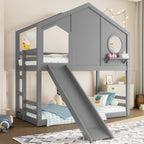 Twin House Bunk Bed with Slide and Storage Shelves