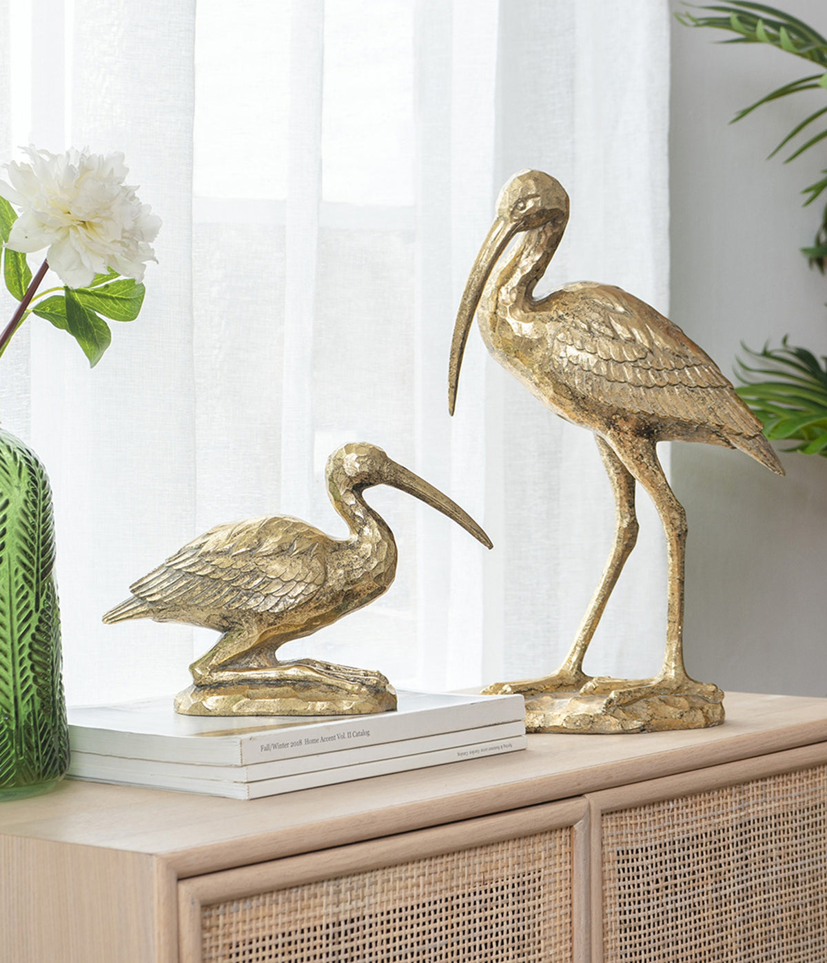 Kneeling Crane Figurine, 7.1 x 10.4 inches, Antique Gold Resin